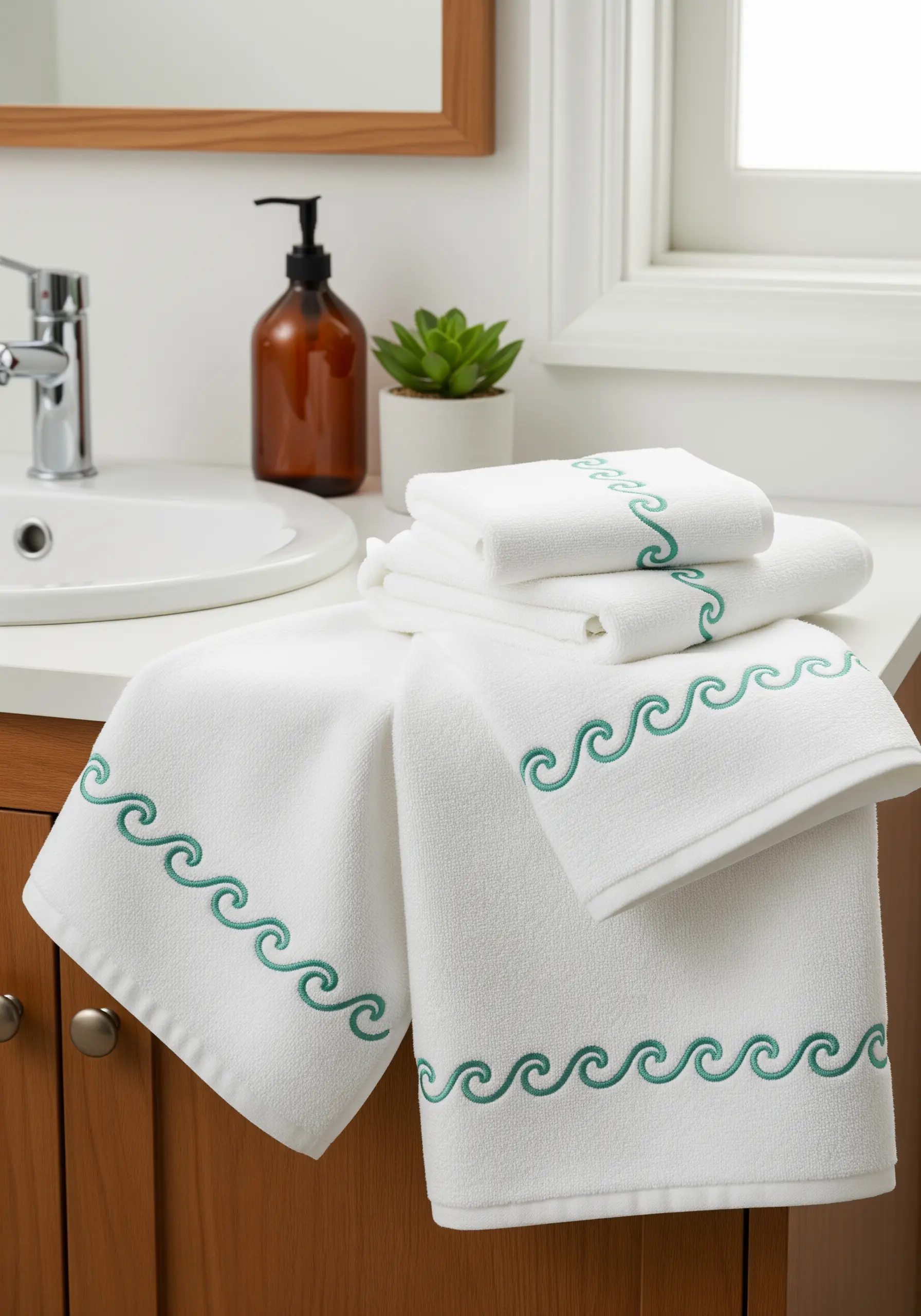 A continuous wave pattern embroidered in teal along the border of white bathroom towels.