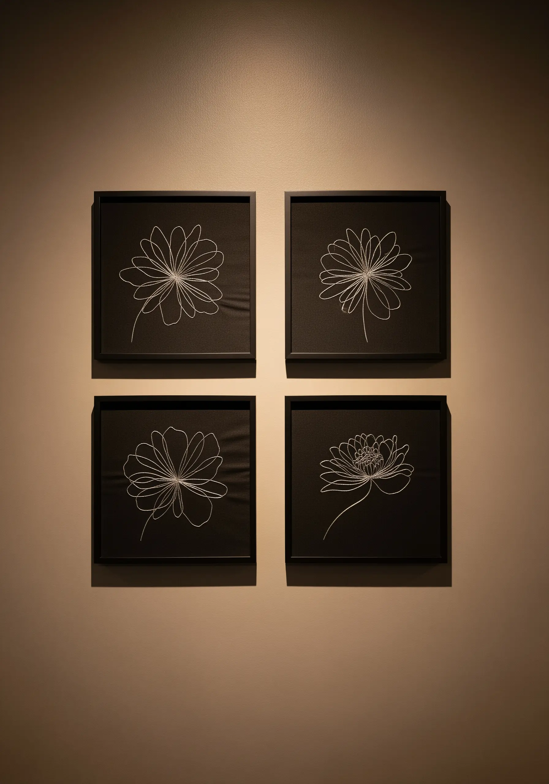 Four framed pieces of black fabric, each with a different flower drawn in a single continuous white line.