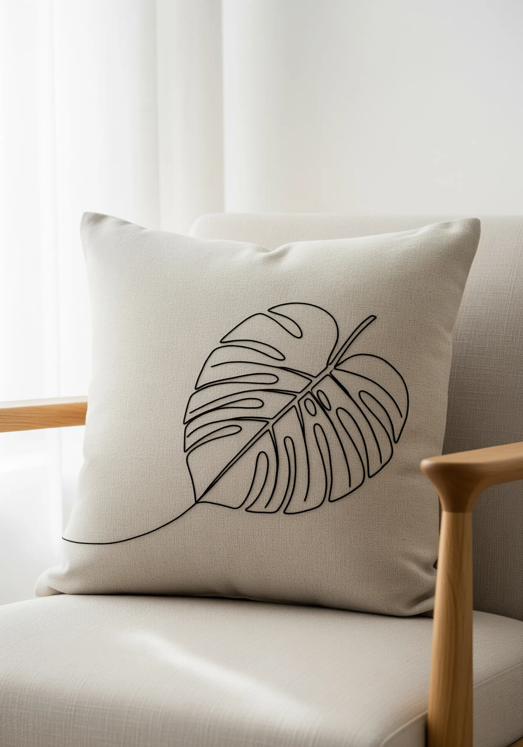 Minimalist single-line embroidery of a monstera leaf on a neutral cushion.