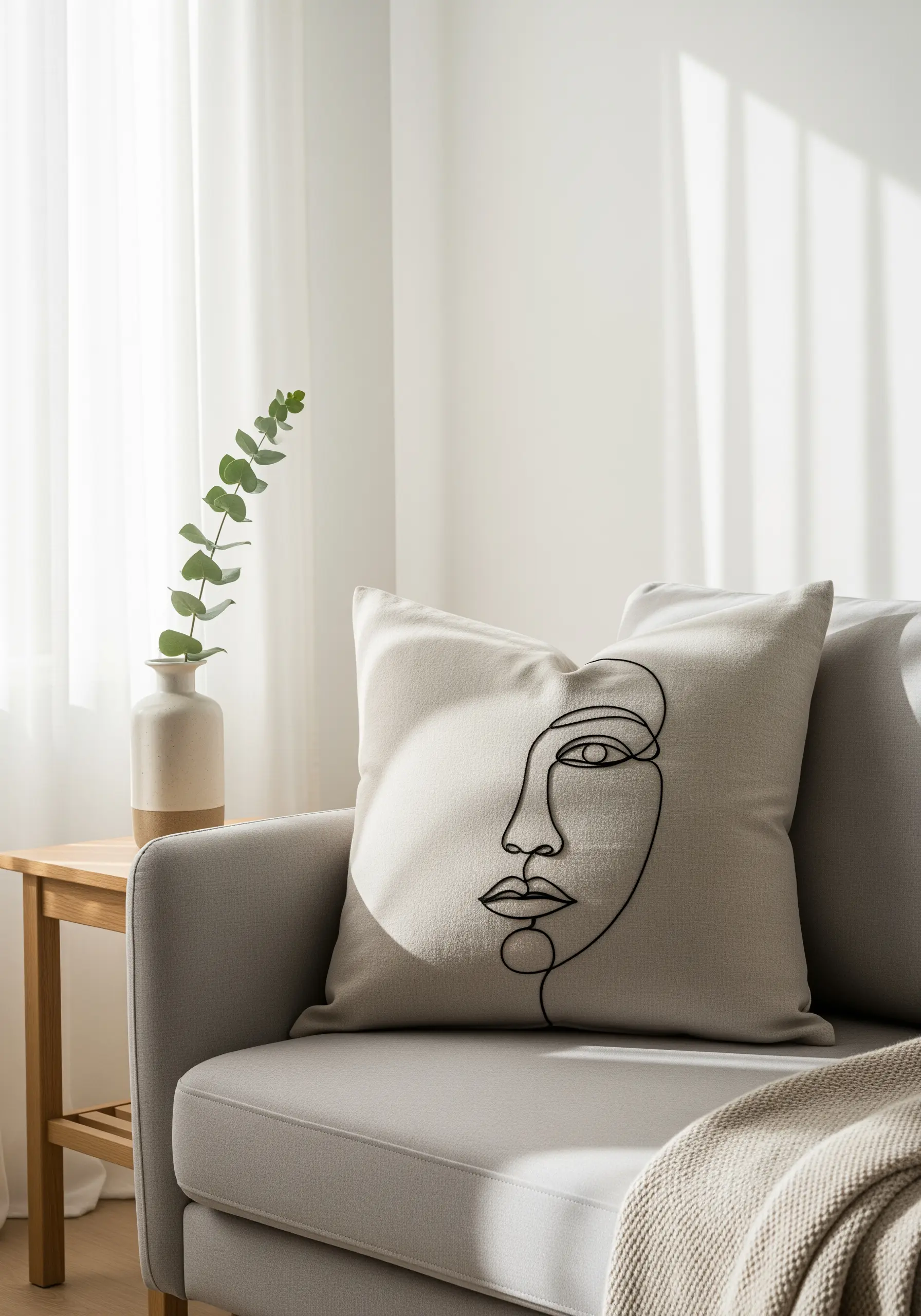 Abstract single-line face embroidered in black thread on a neutral linen cushion.