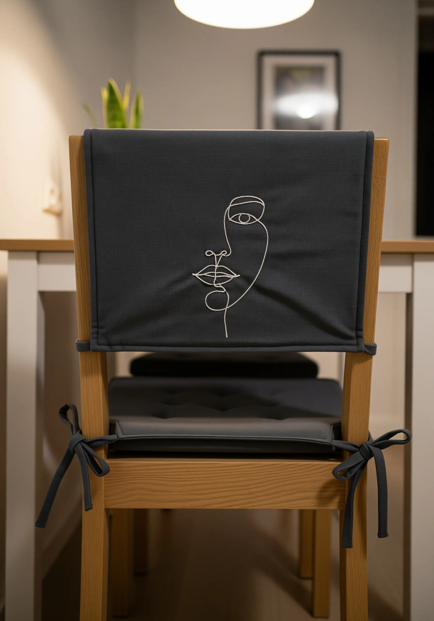 Single continuous line art portrait of a face embroidered in white on a dark chair cover.