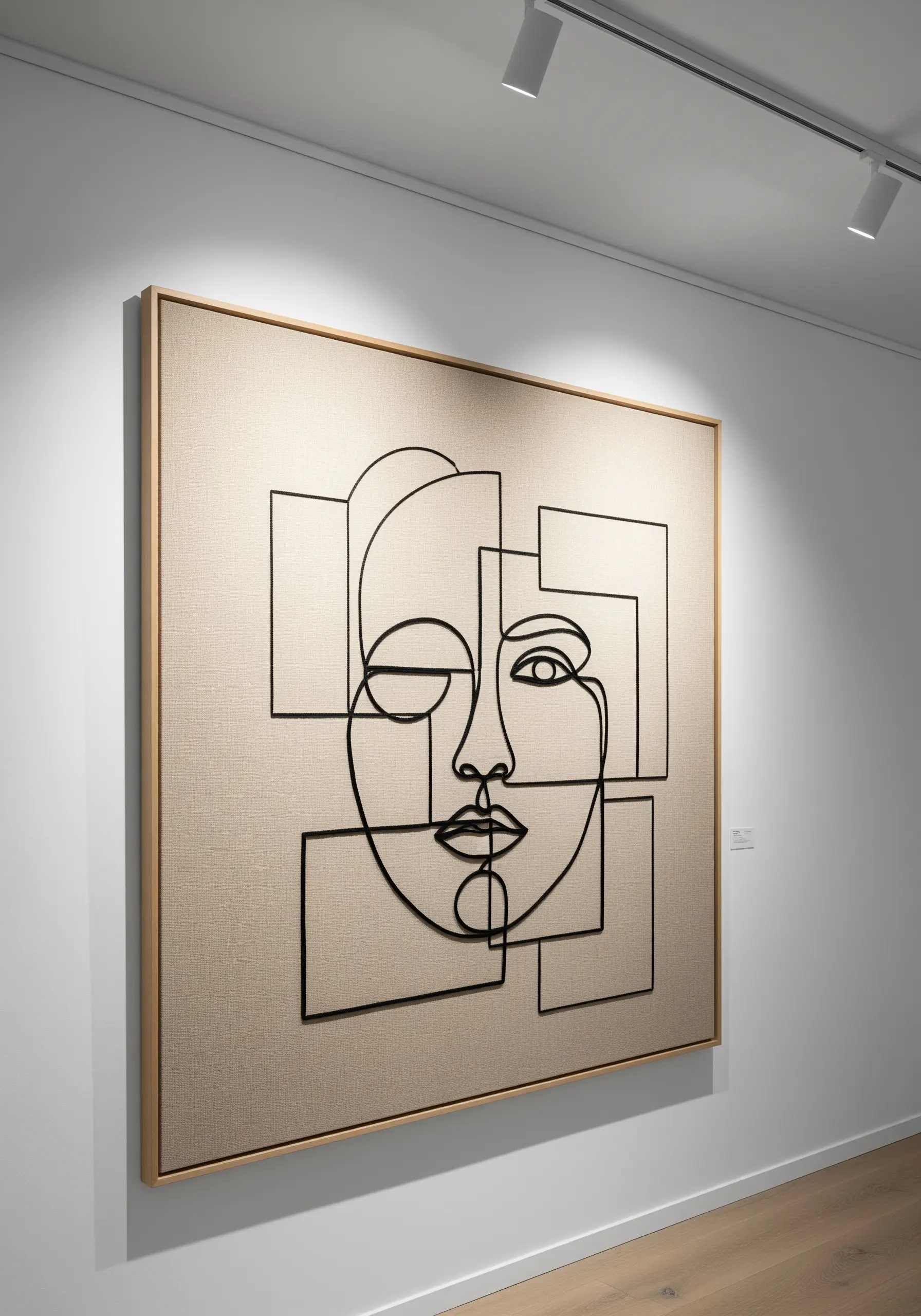 Minimalist continuous line face embroidery on beige canvas