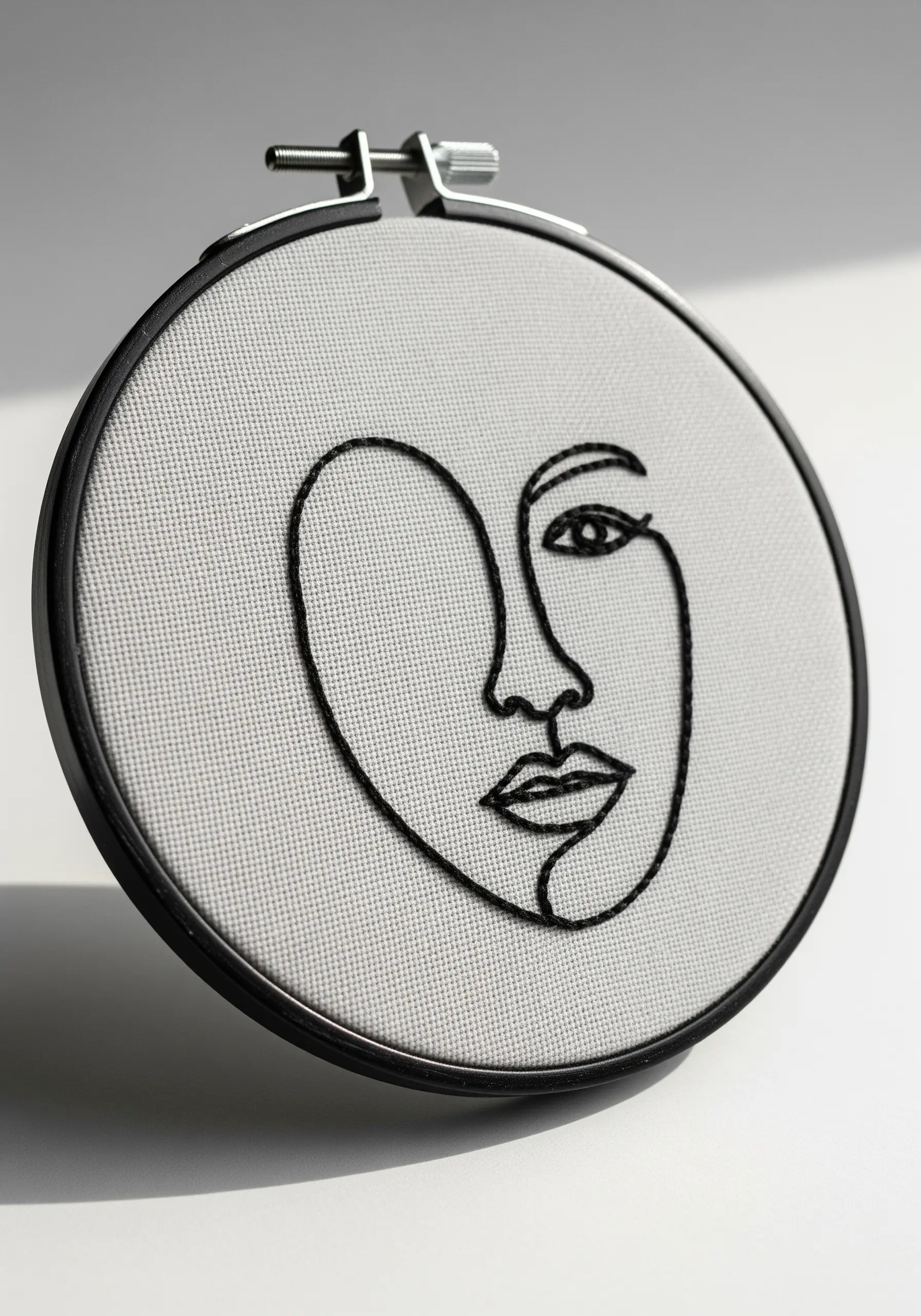 Minimalist one-line art face embroidered in black thread on light grey fabric.
