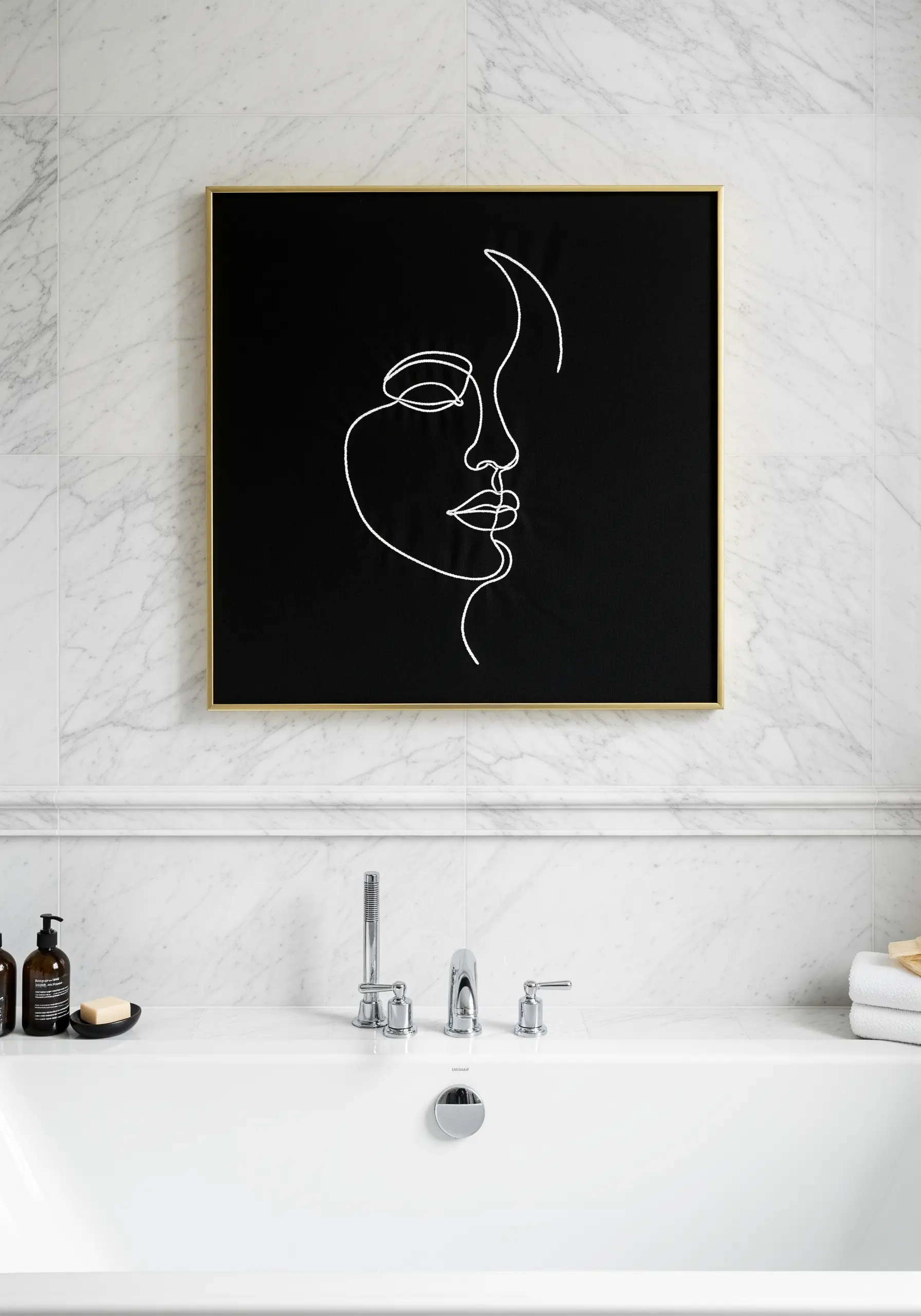 A single-line art portrait of a face stitched in white thread on a black canvas.