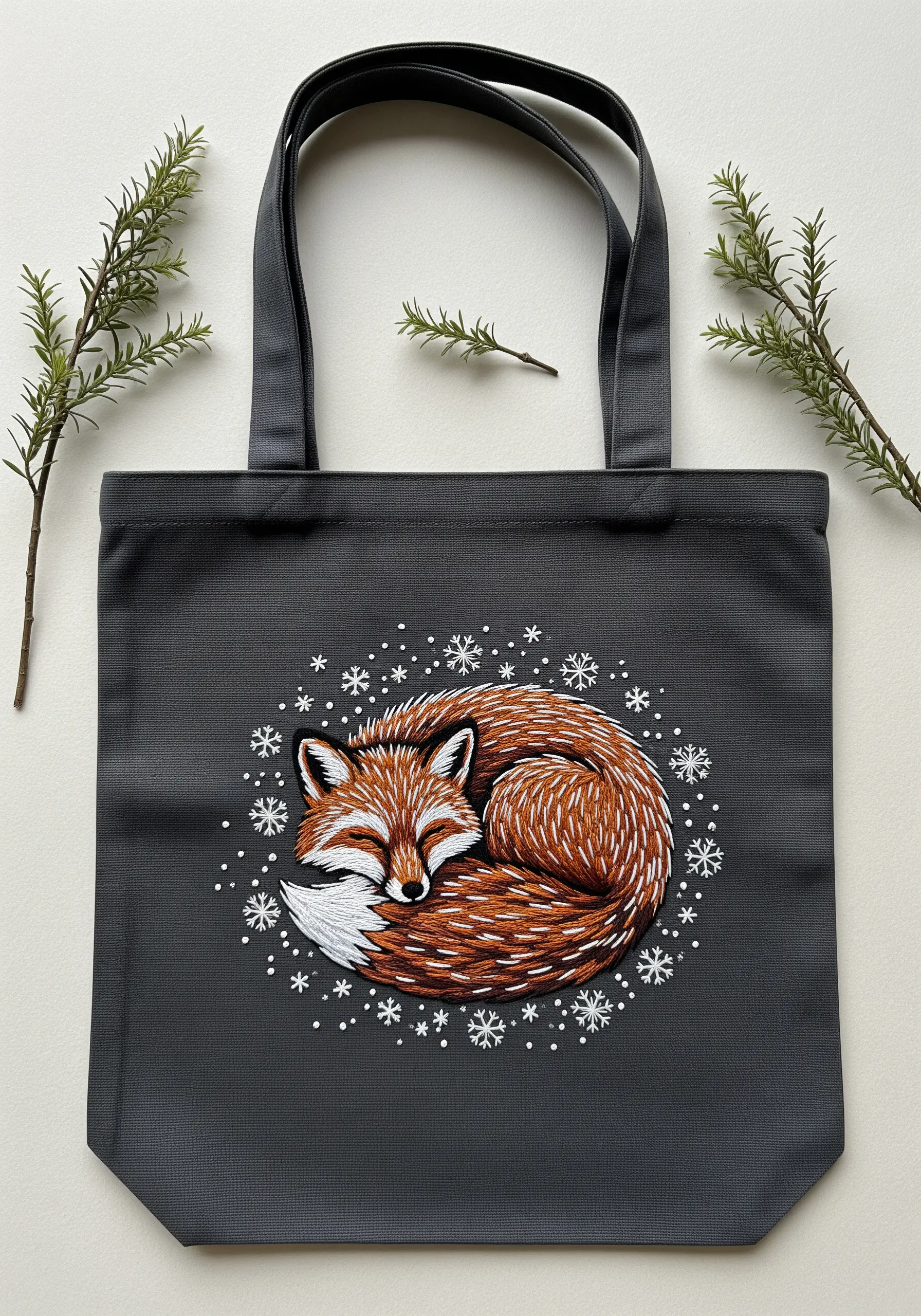 A detailed, thread-painted sleeping fox surrounded by a circle of snowflakes on a gray tote bag.