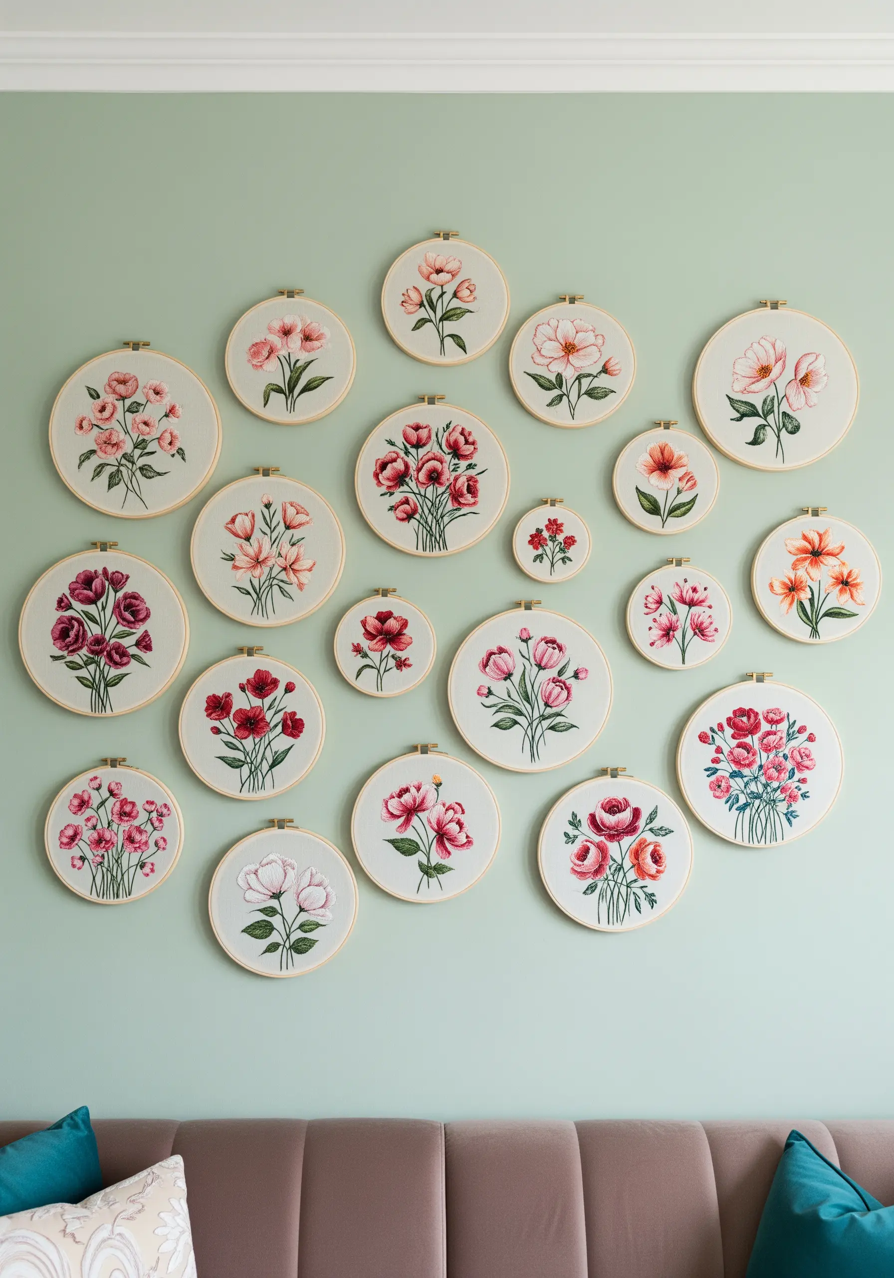 Wall covered with many embroidery hoops of different flowers