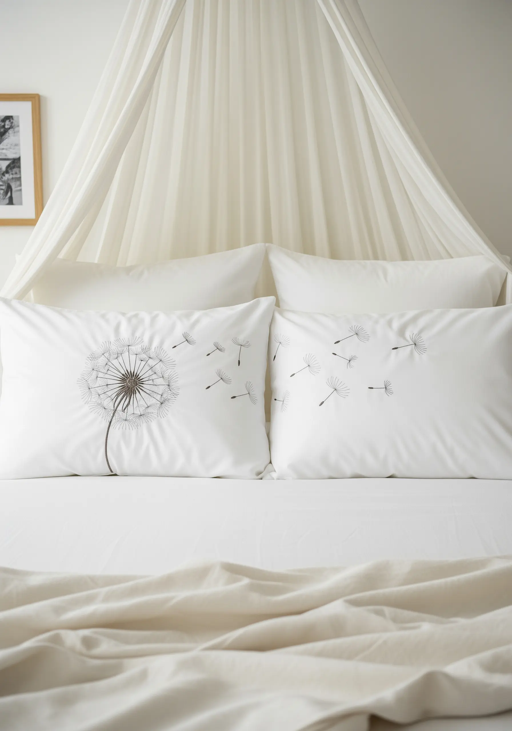 A dandelion blowing its seeds across a pair of white embroidered pillowcases.