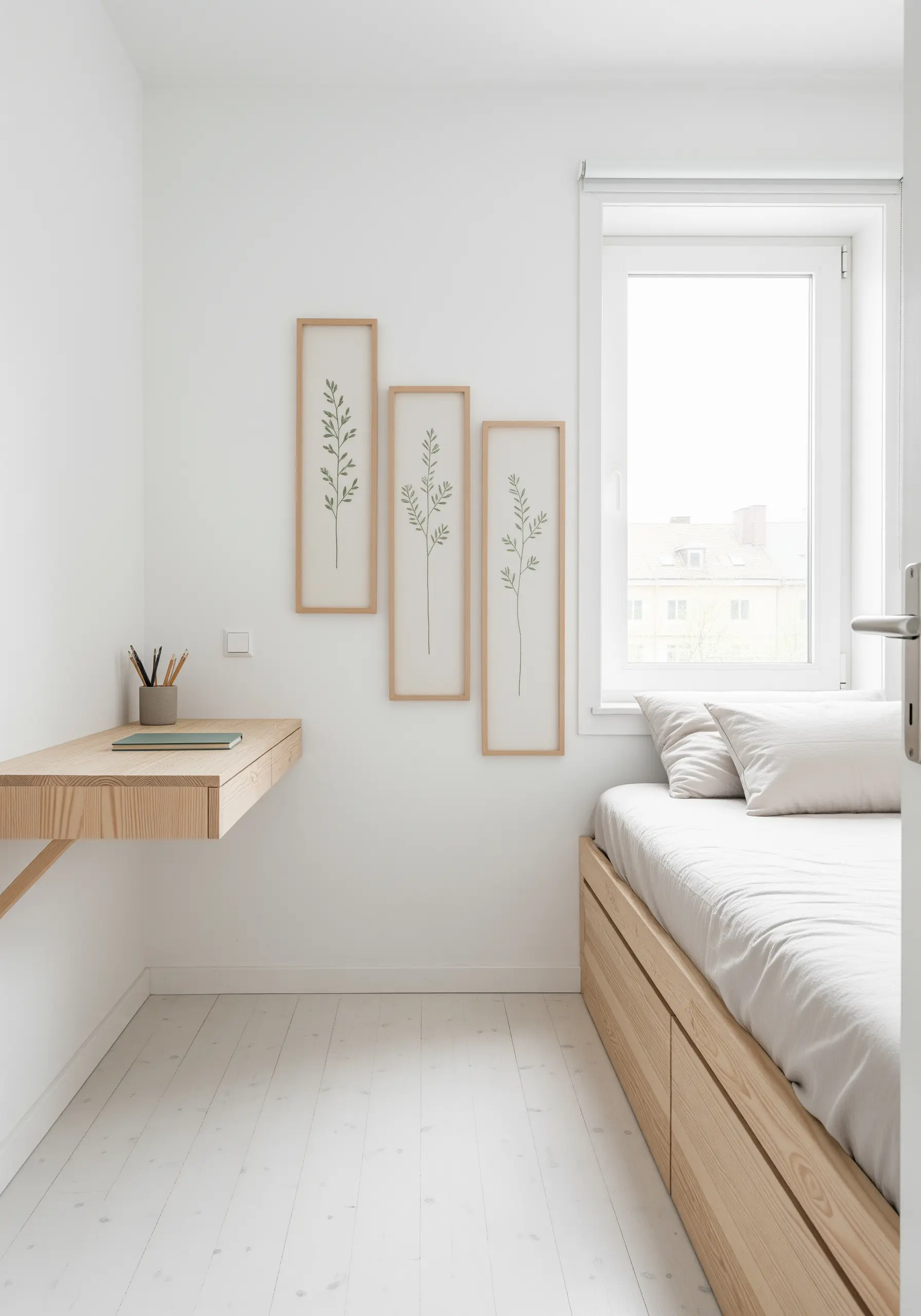 A set of three vertical frames, each with a single delicate embroidered green stem.