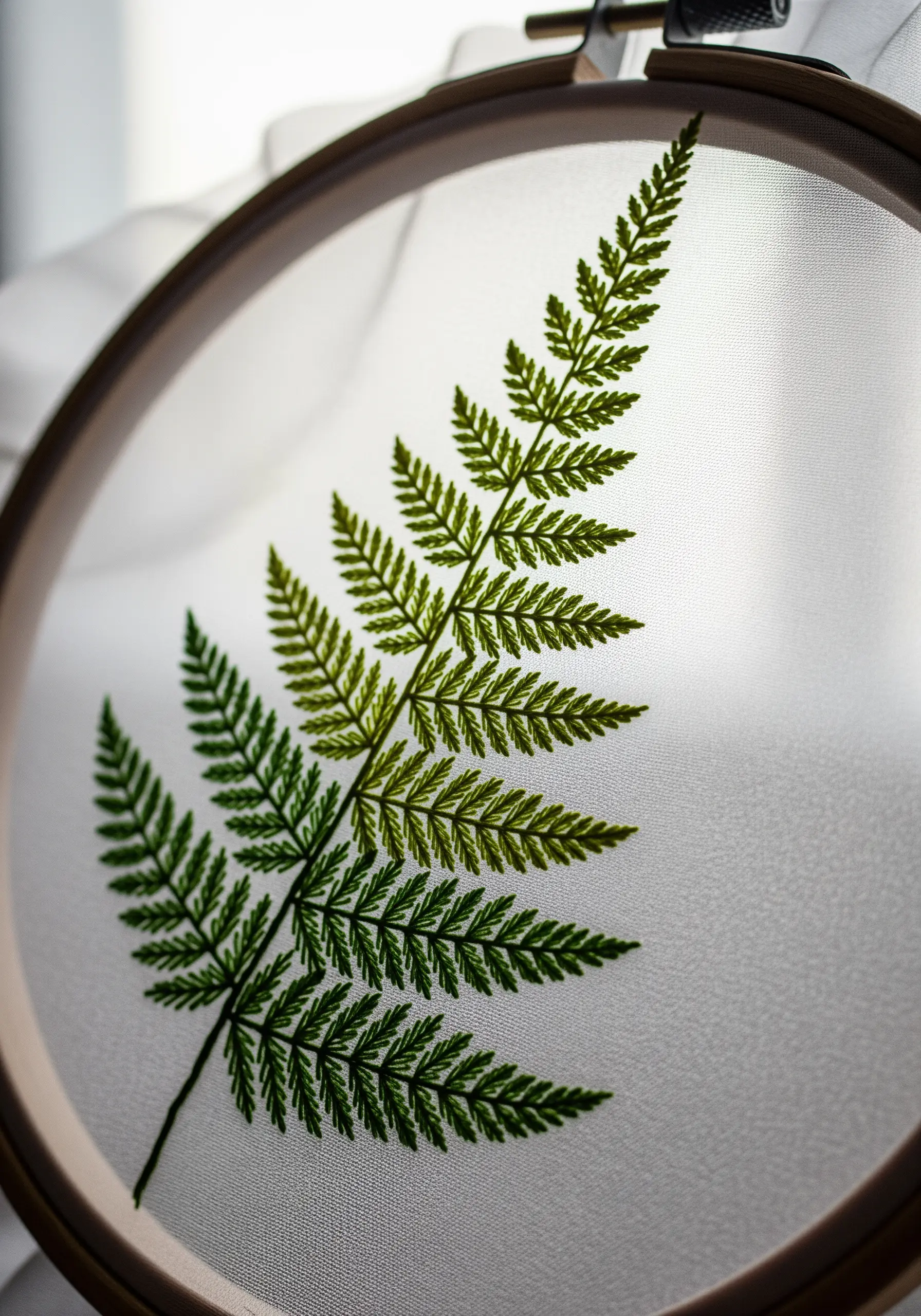 A delicate fern leaf embroidered with a green gradient on sheer white fabric in a hoop.