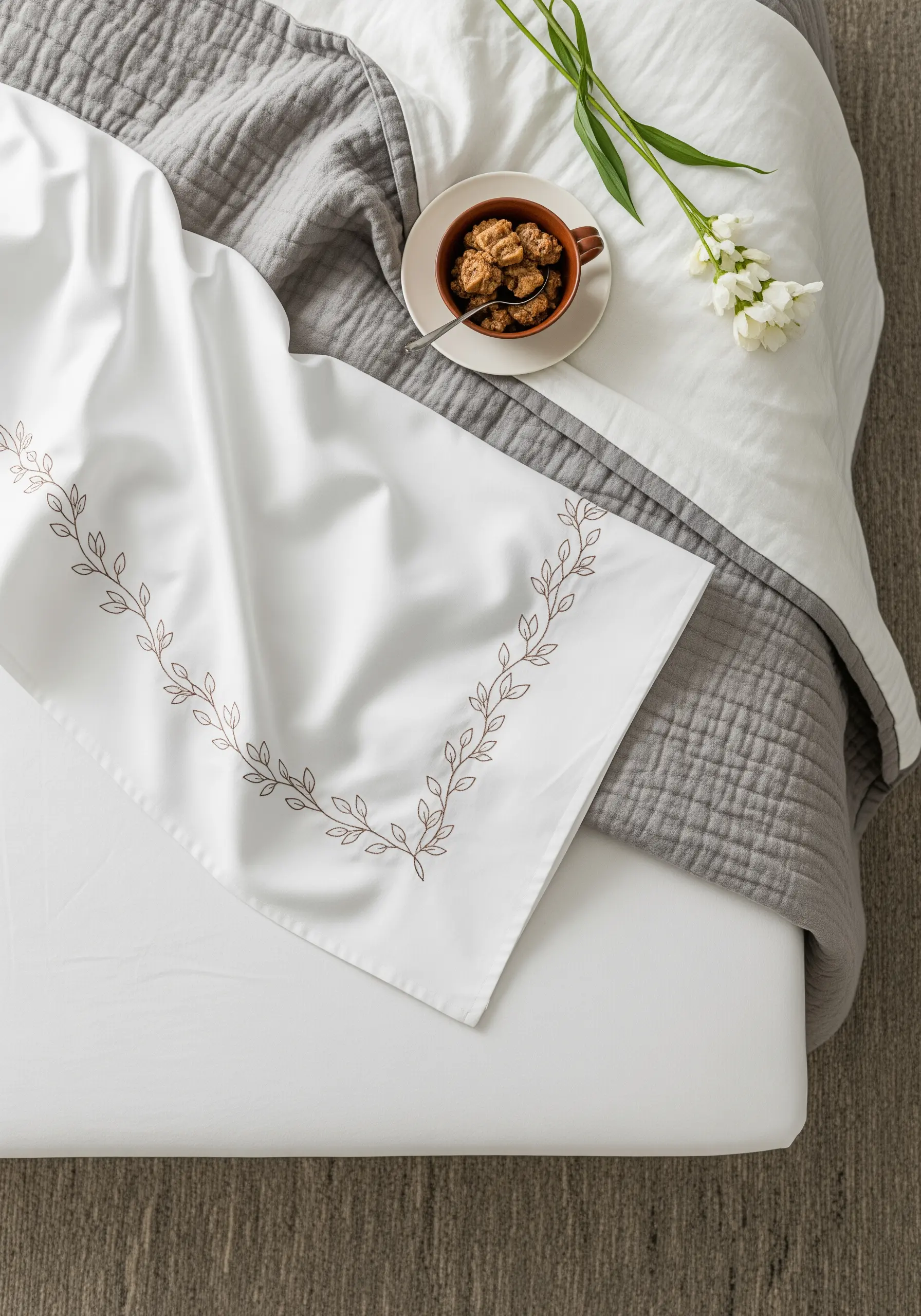A delicate border of stitched leaves and vines in a neutral tone on a crisp white pillowcase.