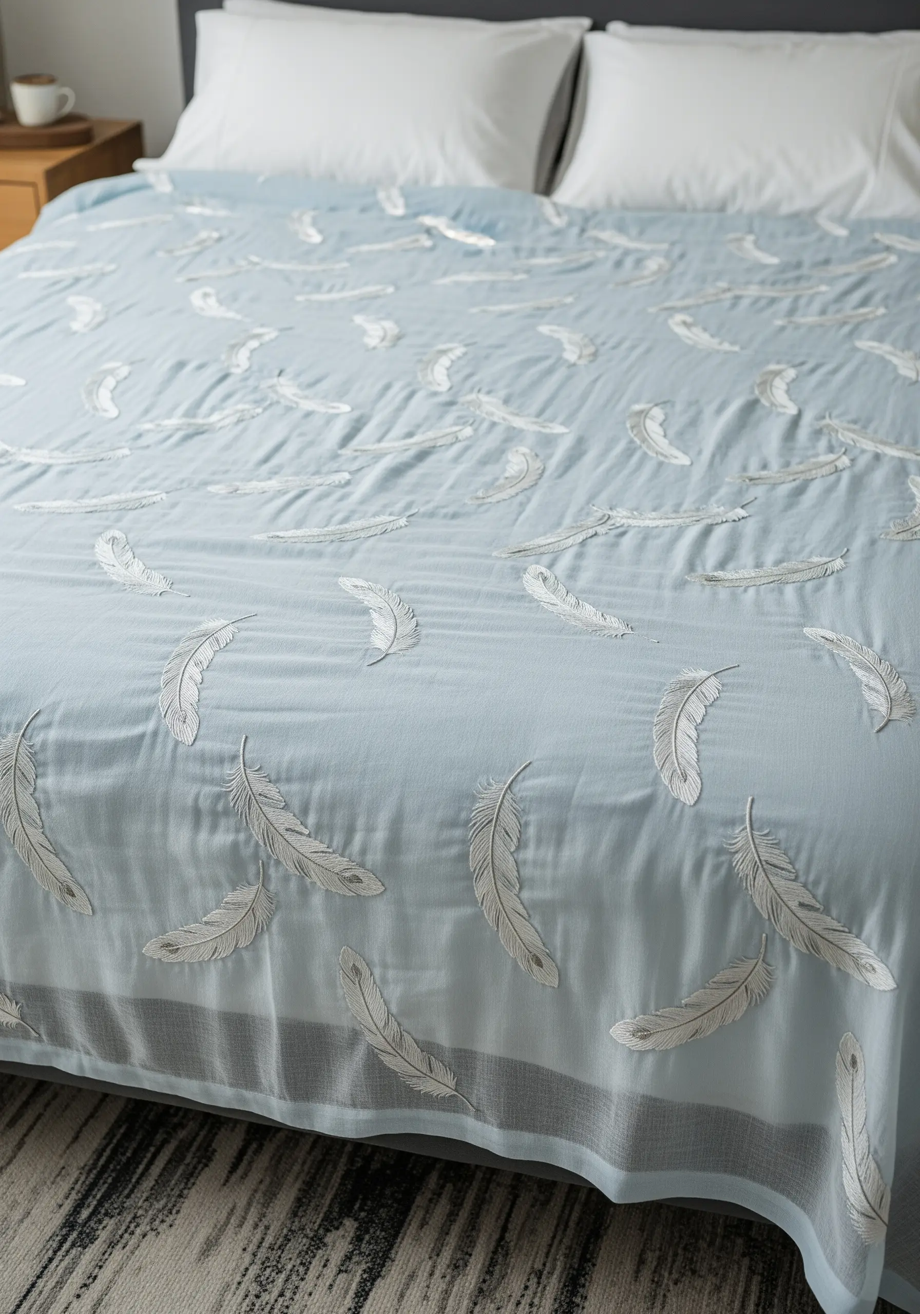 A light blue bedspread with a scattered pattern of delicate white embroidered feathers.