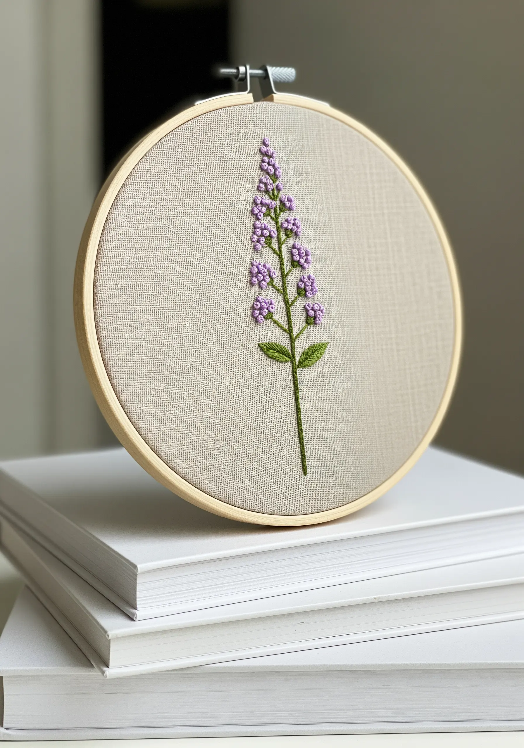 A minimalist embroidery of a single purple vervain stem on neutral linen.