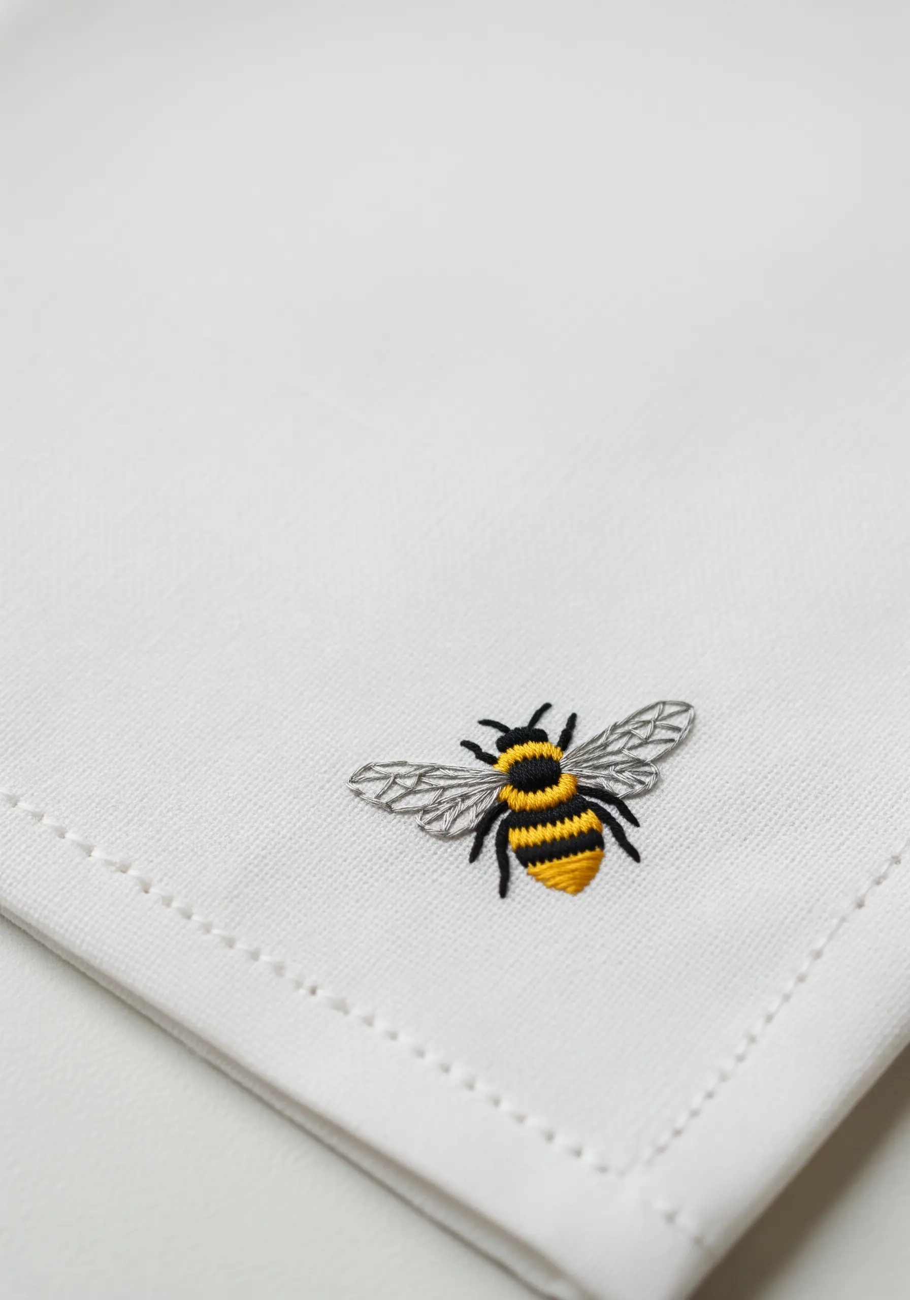 A detailed embroidered bee with translucent wings on a white handkerchief.