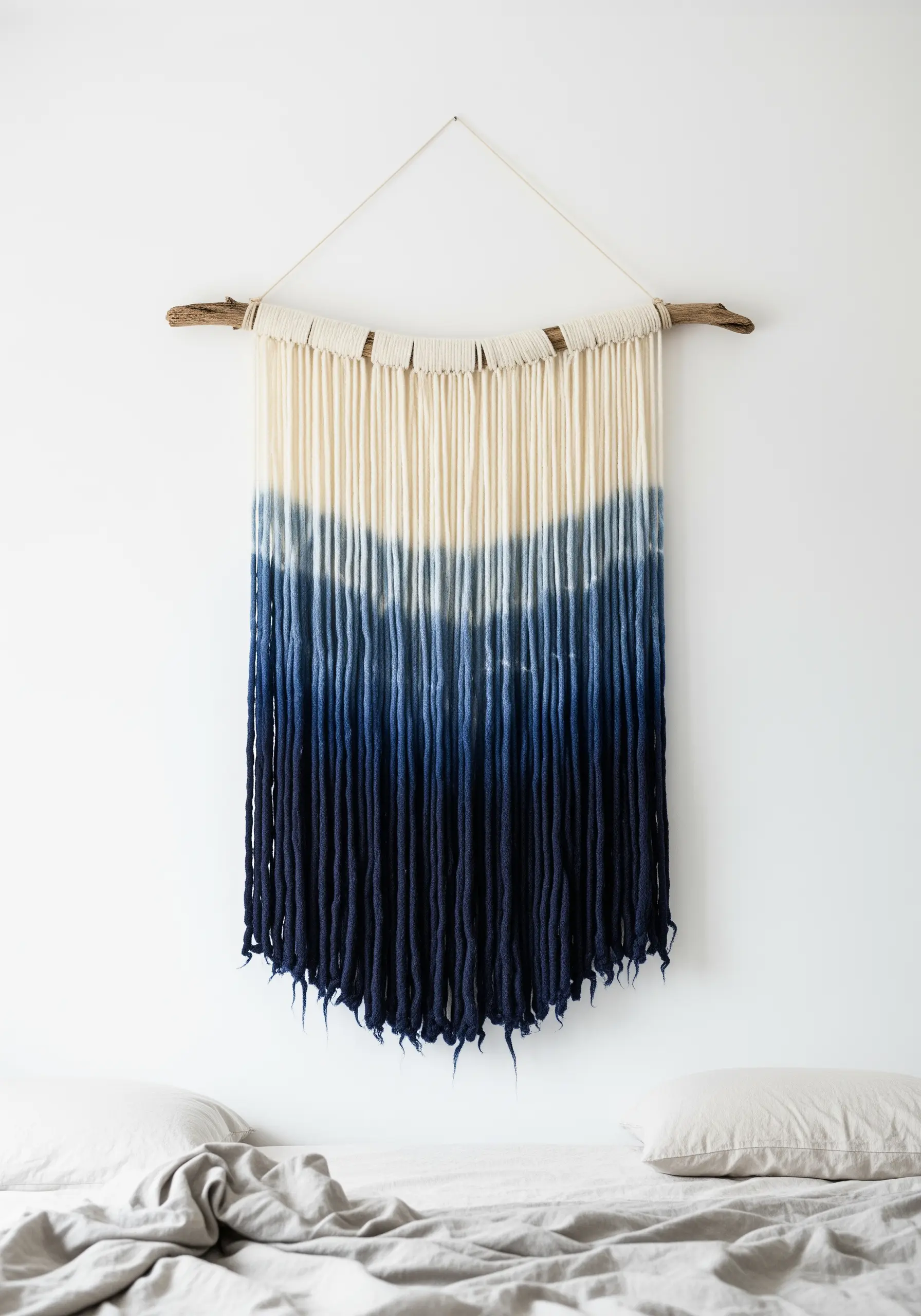 Wall hanging with dip-dyed blue gradient fringe on a branch