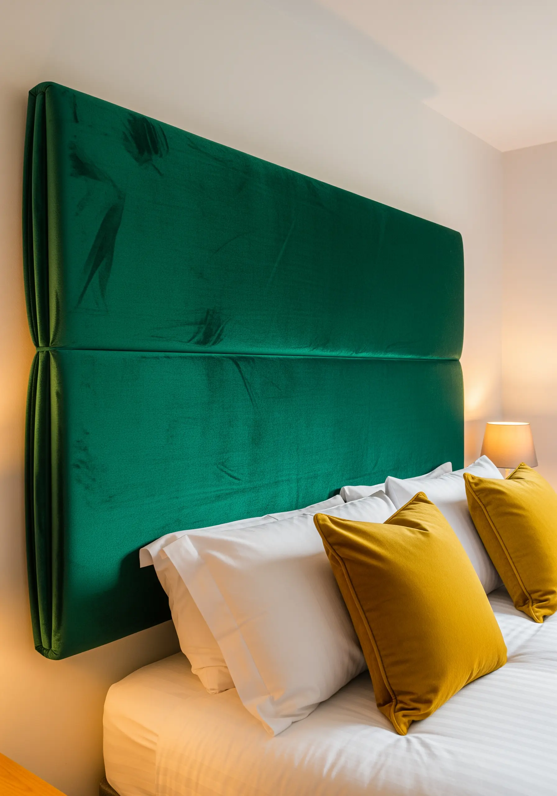 A tall, emerald green velvet headboard with two horizontal tufted panels.