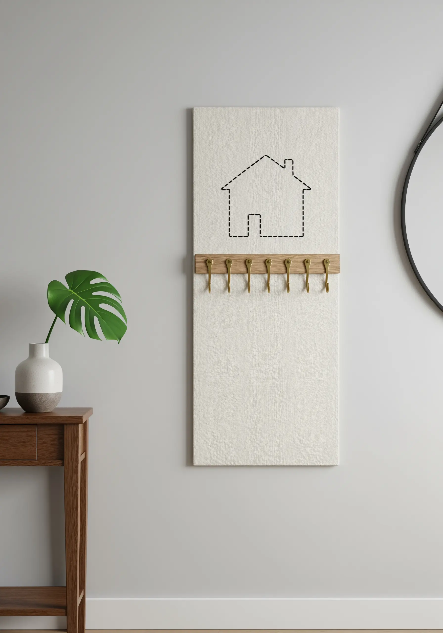 The outline of a house stitched with a dashed running stitch on a canvas panel above key hooks.