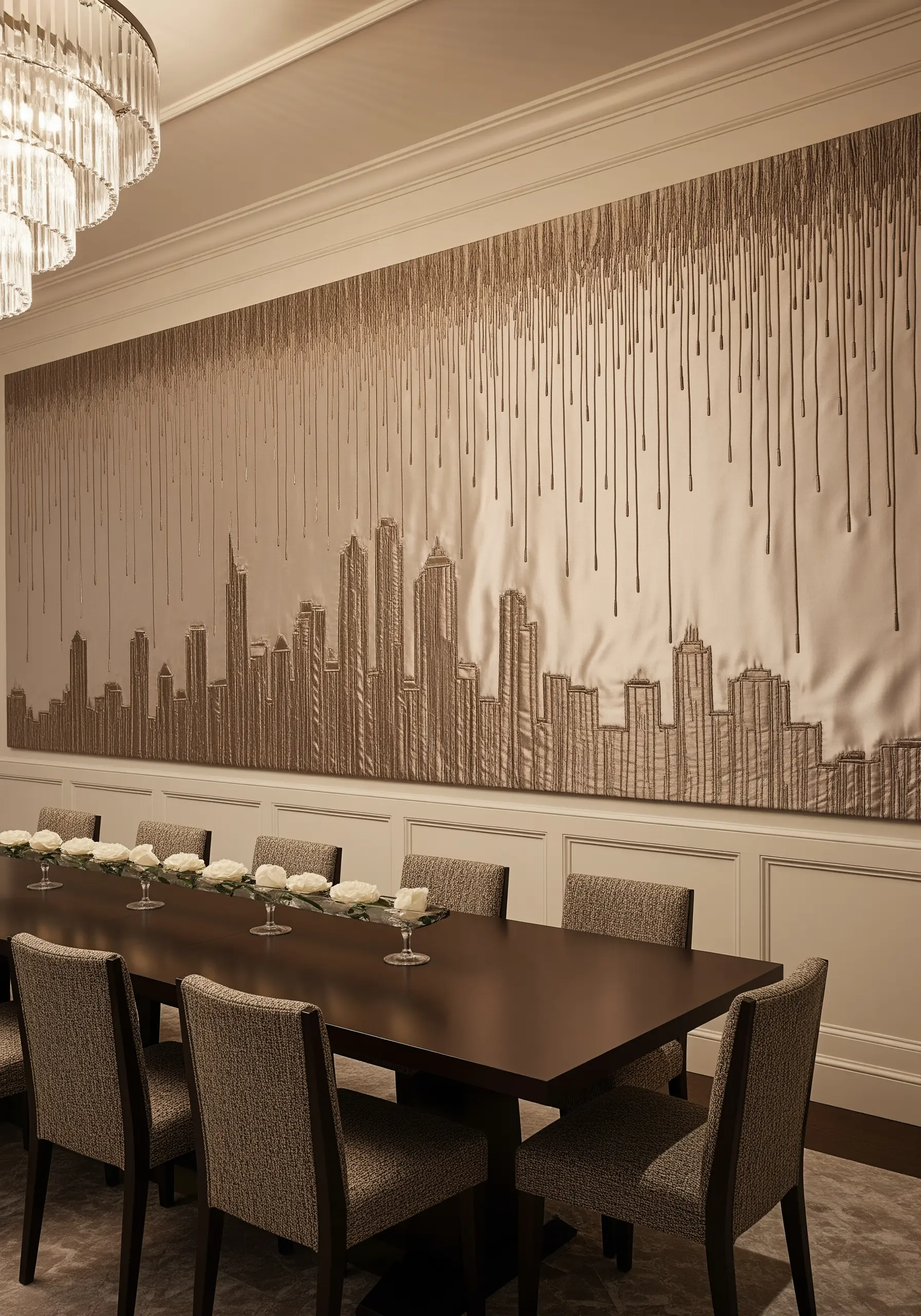 Silver thread vertical lines forming a city skyline on wall