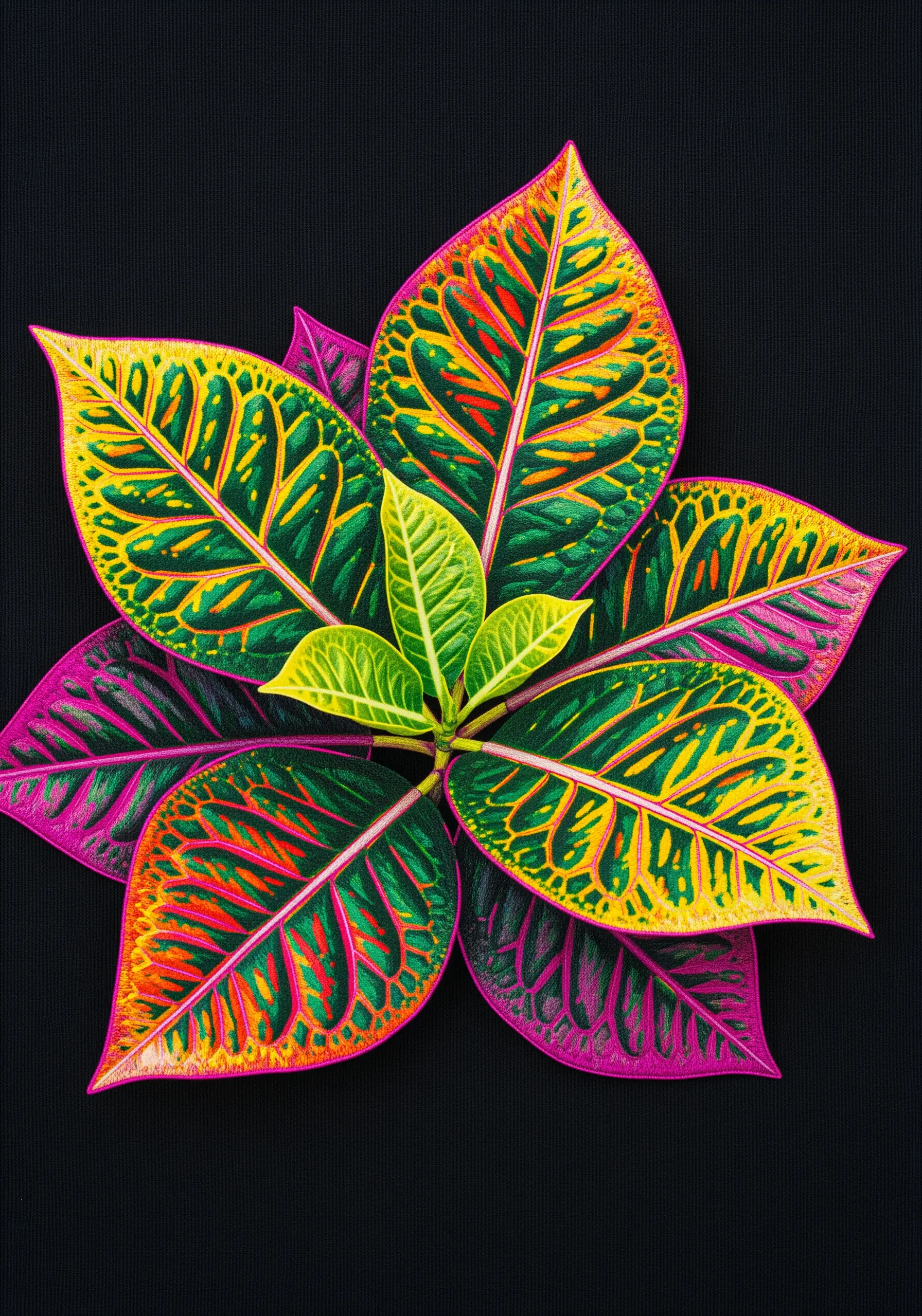 Vibrantly embroidered Croton leaves with yellow, red, magenta, and green patterns.