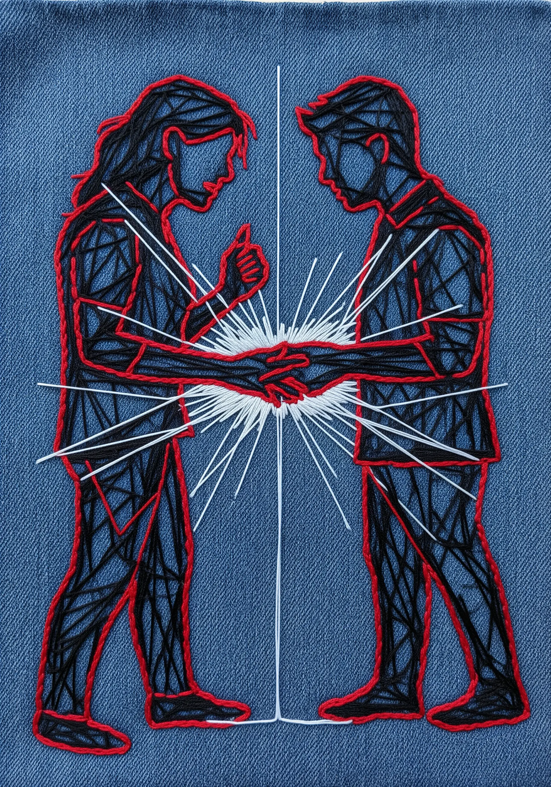 Two geometric figures outlined in red and filled with black stitches, with a white spark where they connect.