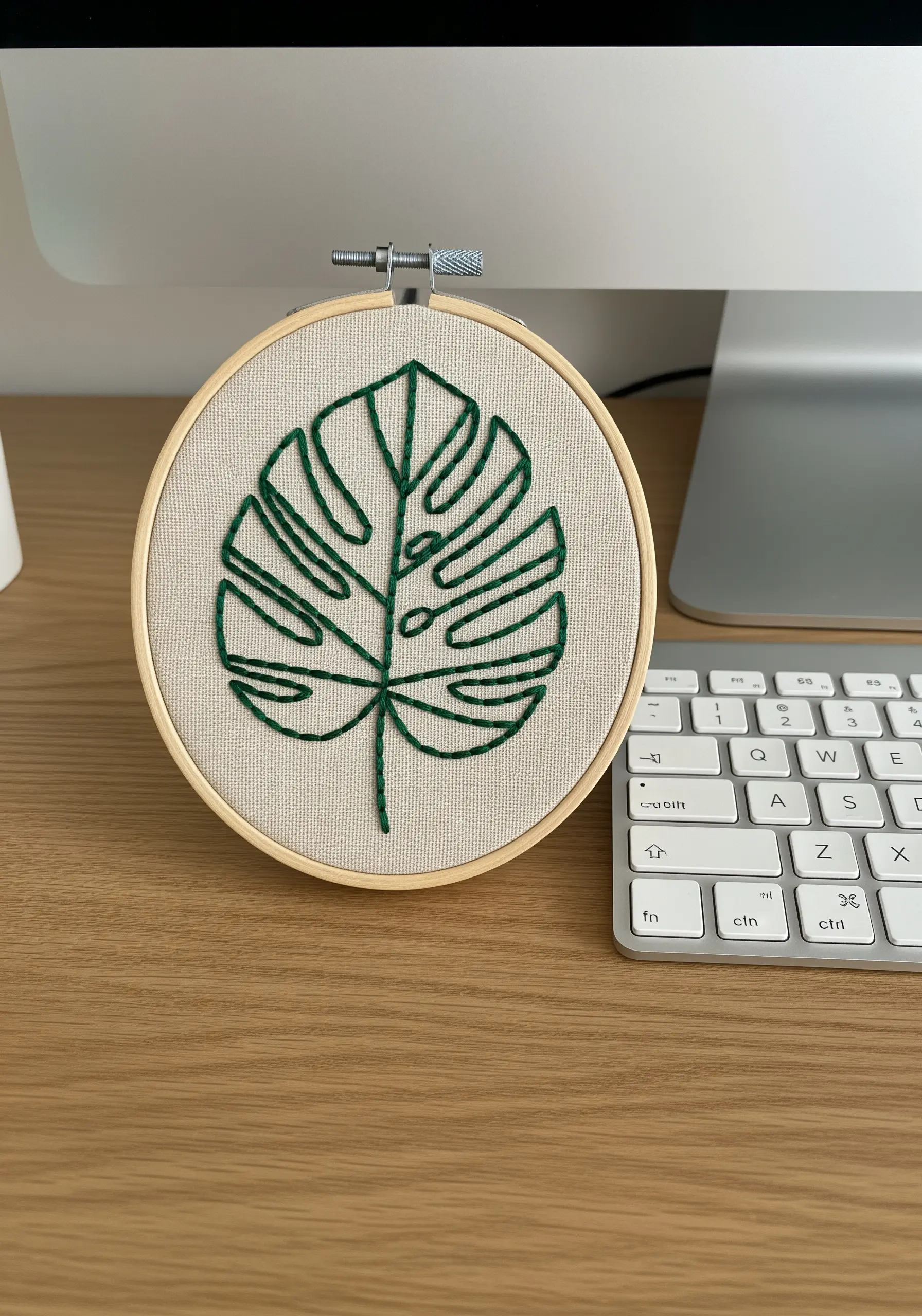 Simple line art embroidery of a dark green monstera leaf on beige fabric.