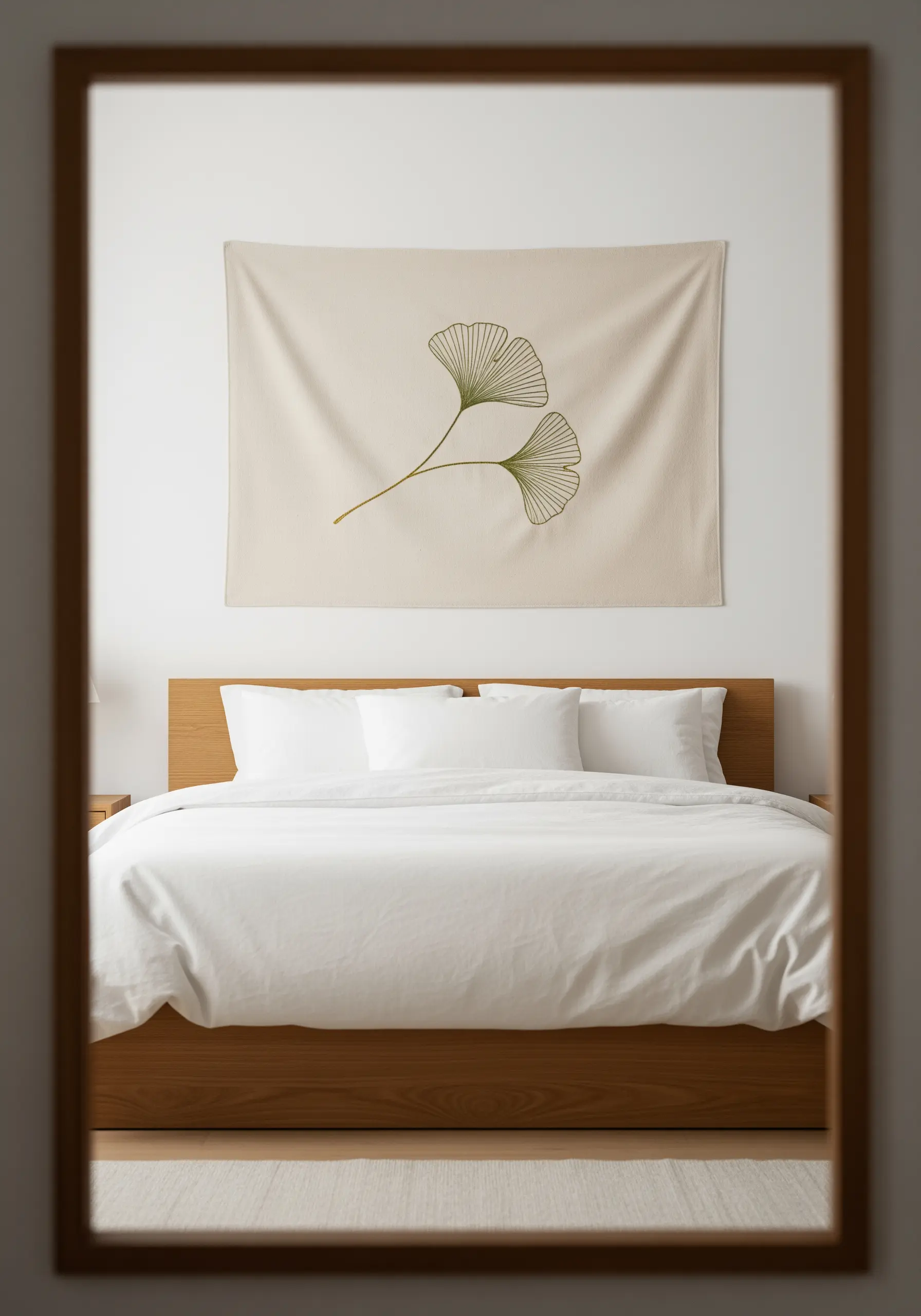 A large wall hanging featuring a delicate ginkgo leaf outline embroidery.