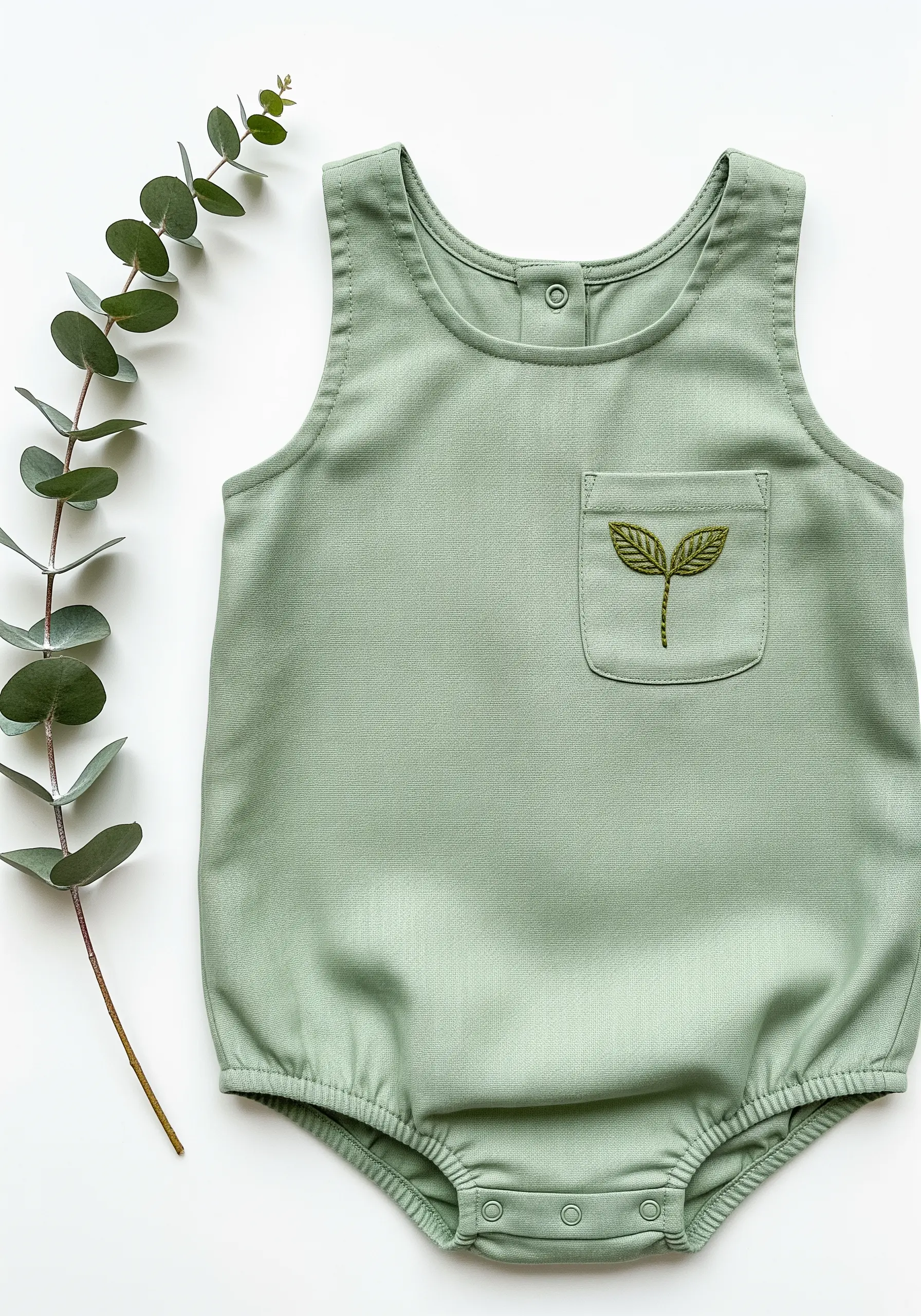 A small, green embroidered sprout with fishbone stitch leaves on a romper pocket.