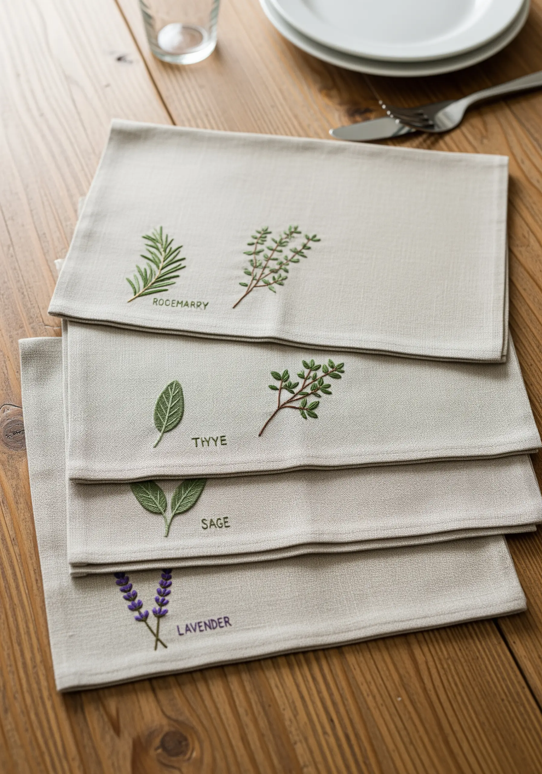 Linen placemats, each embroidered with a different culinary herb like rosemary and lavender.