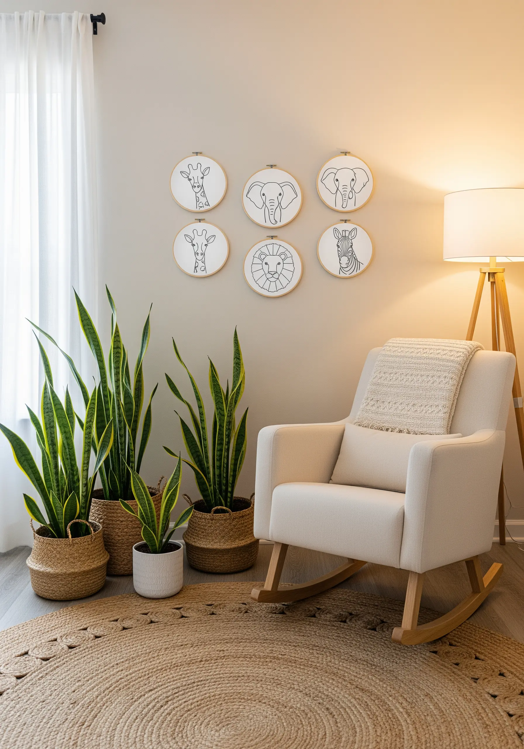 Minimalist line art embroidery of safari animals in simple black thread.