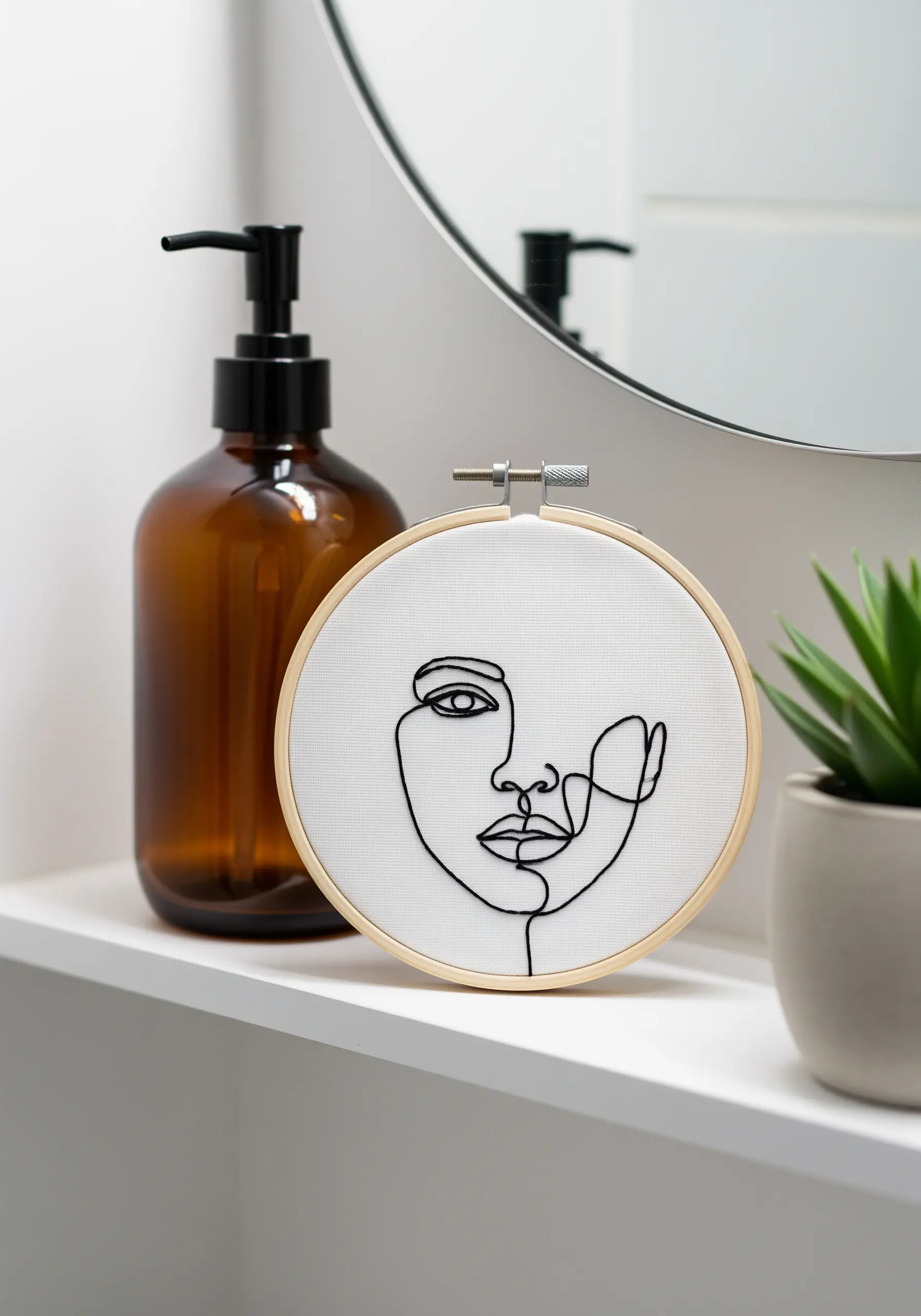 A minimal single-line portrait embroidered in black thread on white fabric in a hoop.