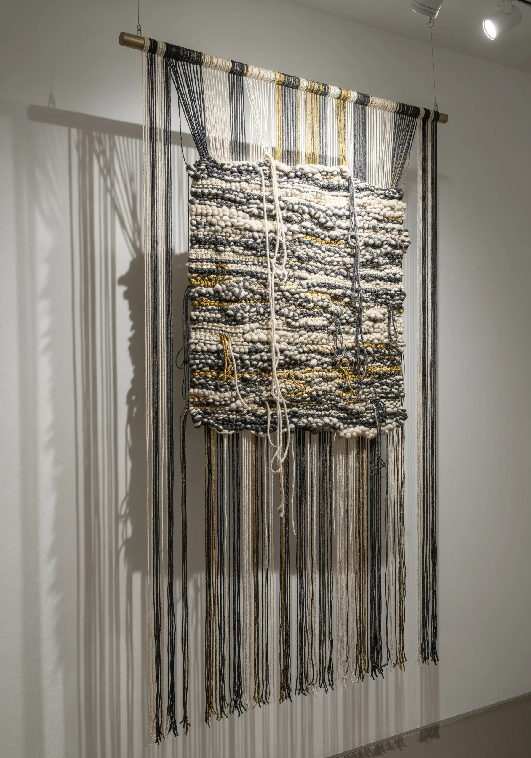 A woven wall hanging with a thick central panel and very long, draping warp threads.