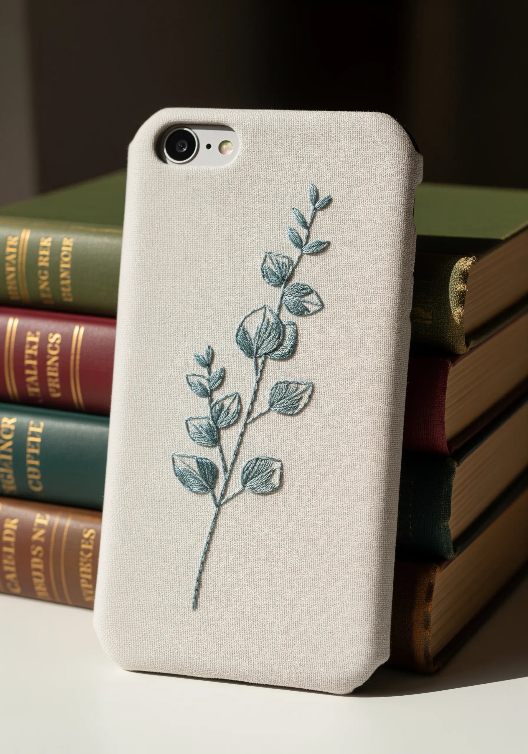 A delicate eucalyptus branch embroidered in soft blue-green thread on a cream phone case.