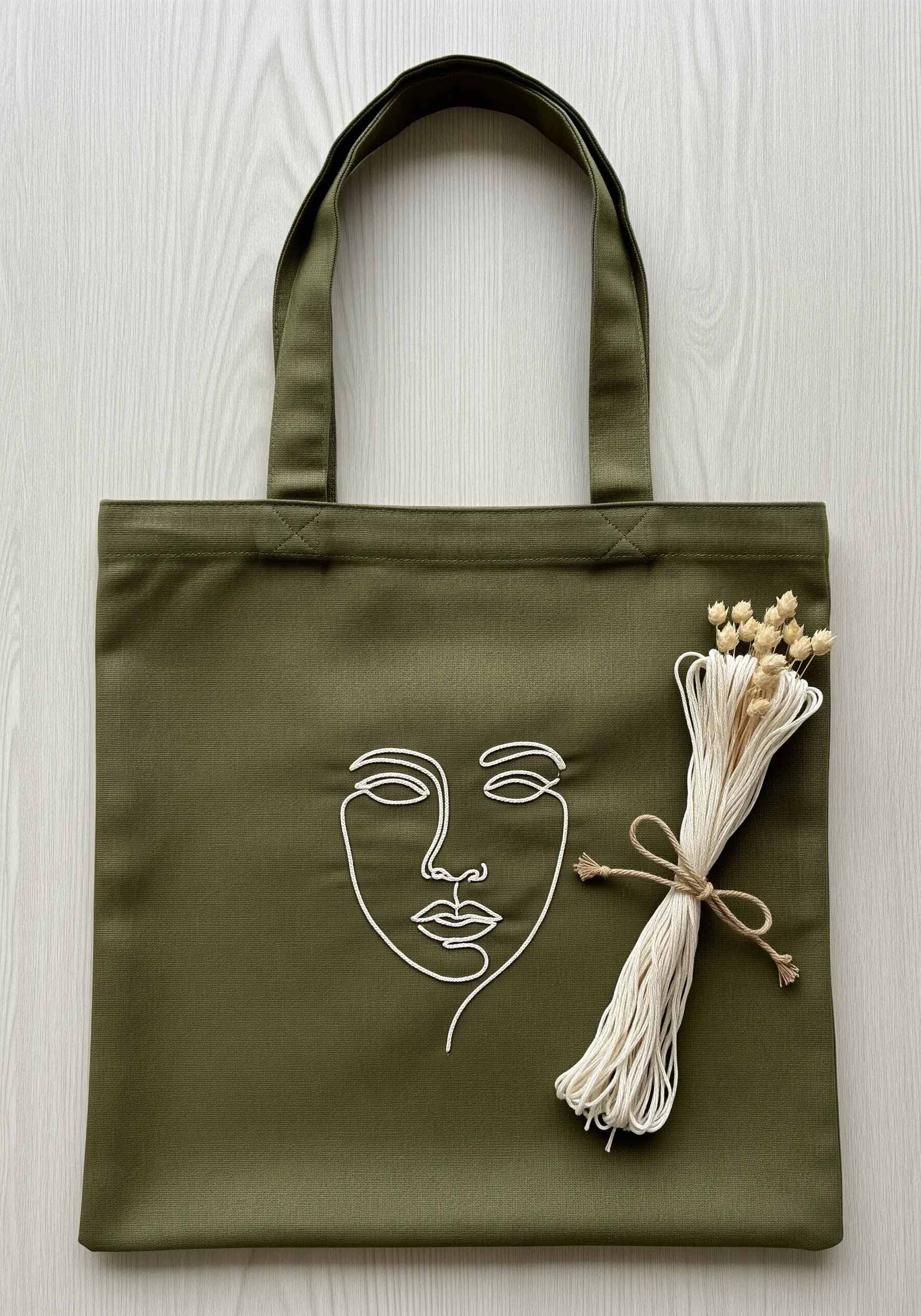 A minimalist one-line face portrait embroidered in white on an olive green tote.