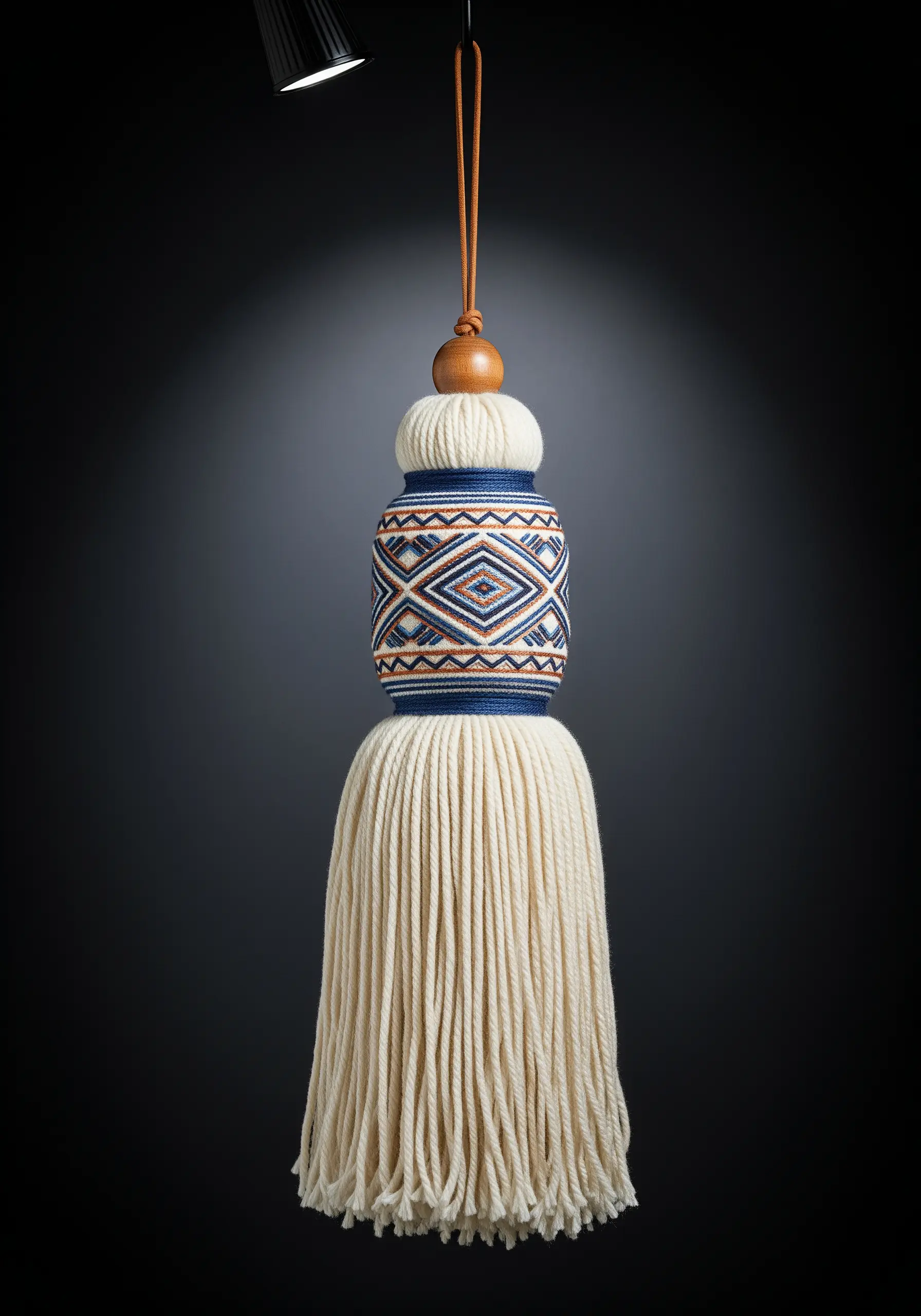 An ornate decorative tassel with a woven geometric band around its head.