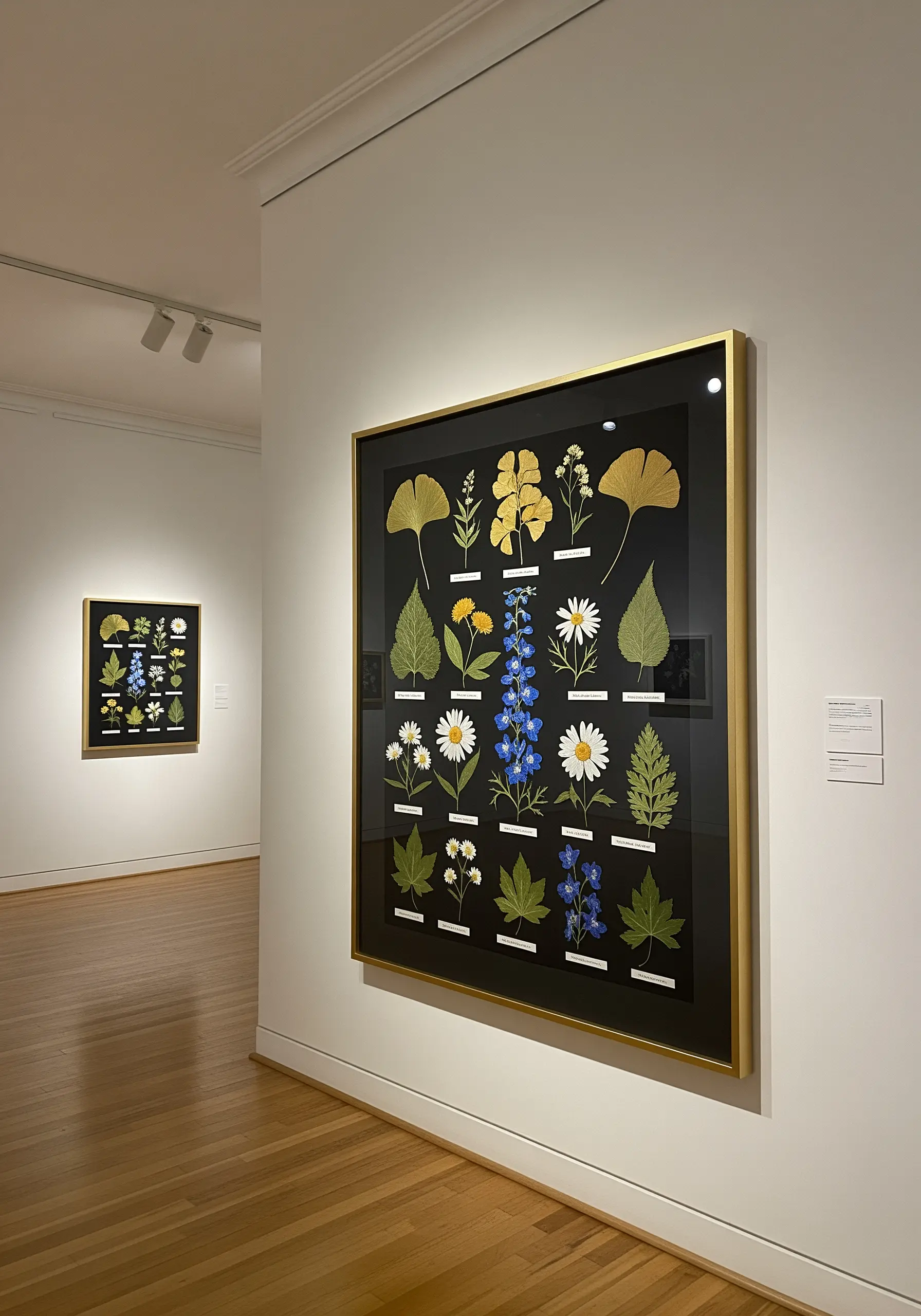 A large gold frame displaying a grid of embroidered flowers and leaves on a black background.