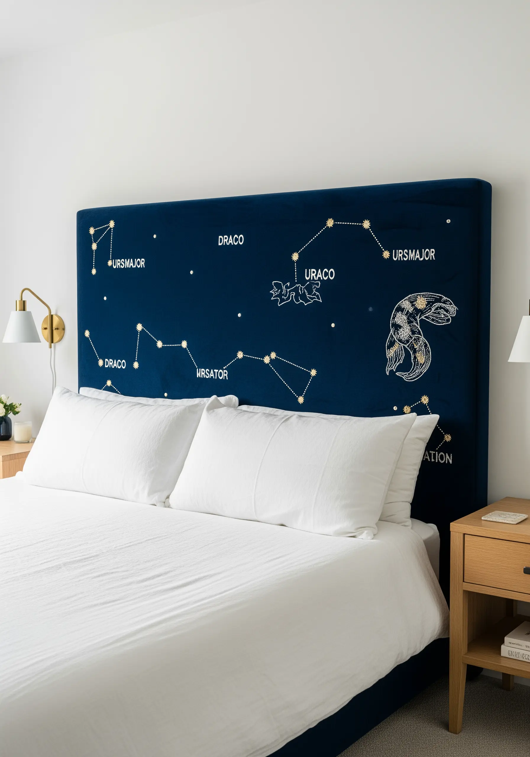 Embroidered constellations in gold and white thread on a navy blue velvet headboard.