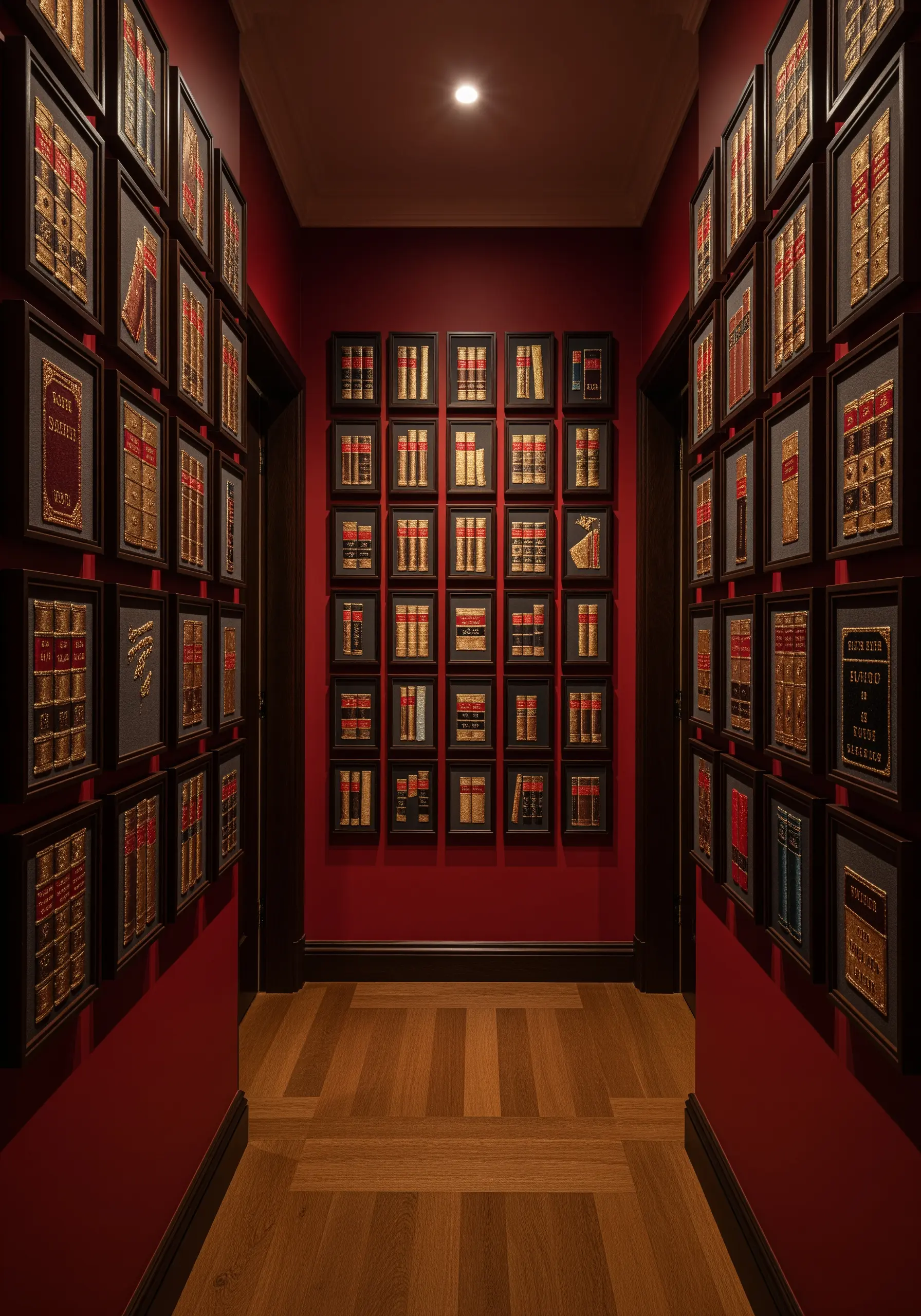 A hallway with walls covered in a grid of framed embroideries of book spines.