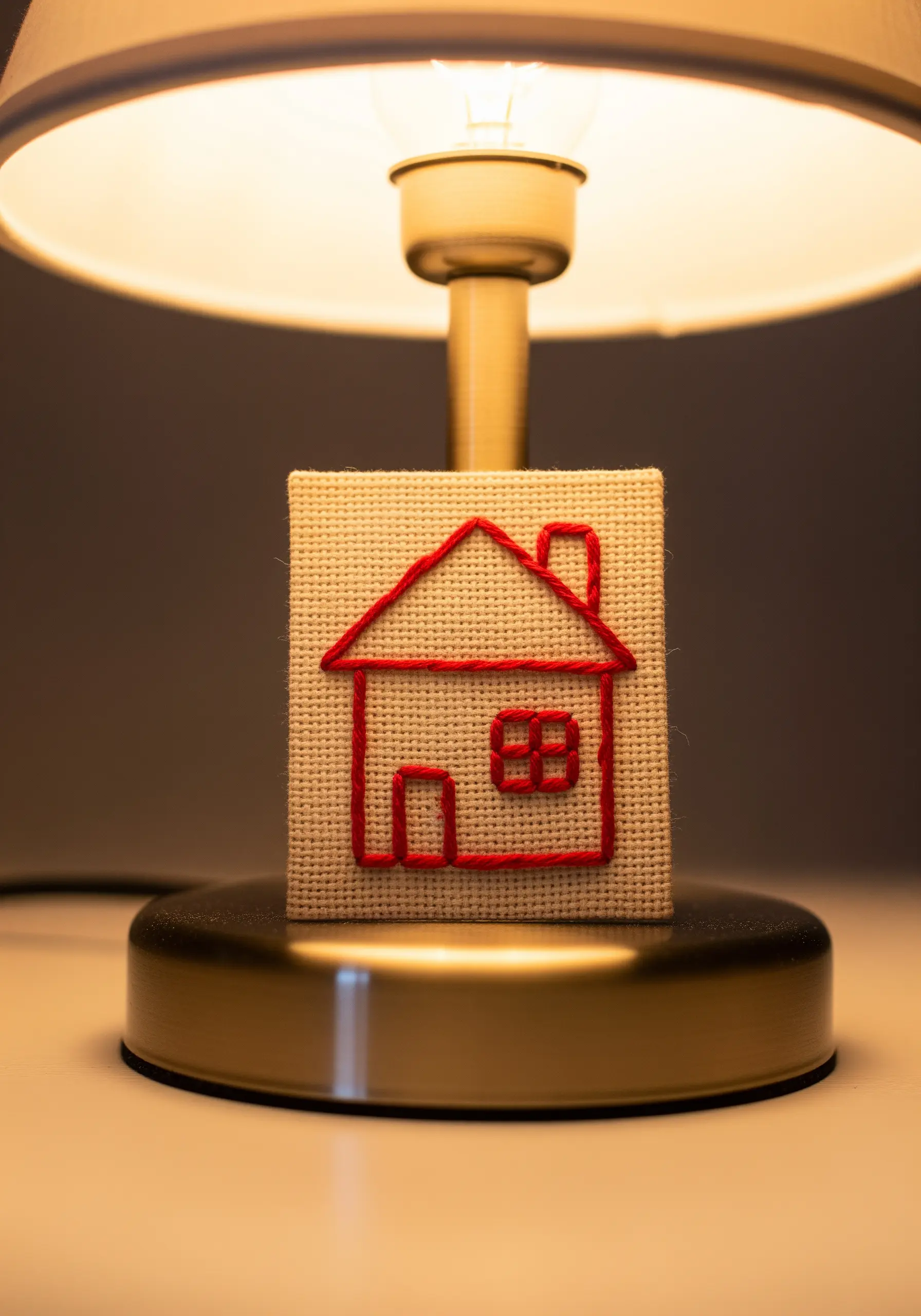 A simple red line-art house embroidered on gridded Aida cloth.