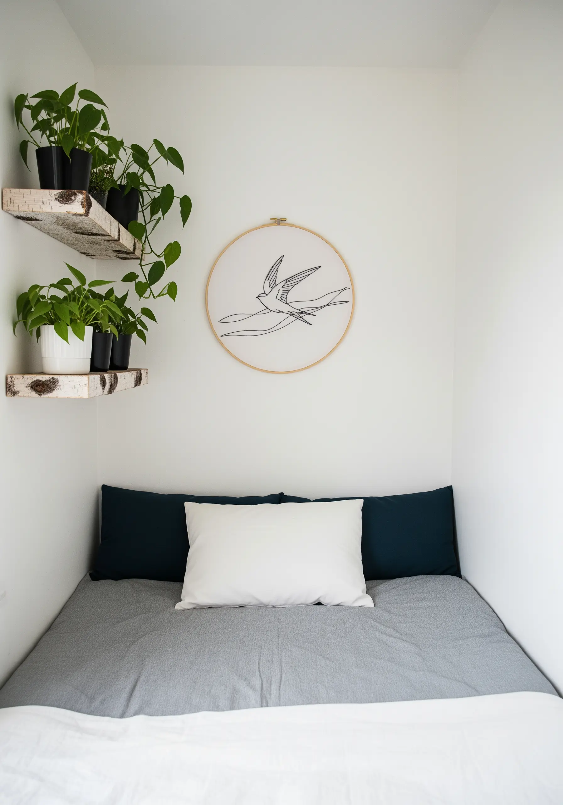A simple embroidery hoop with a line-art embroidery of a swallow in flight.