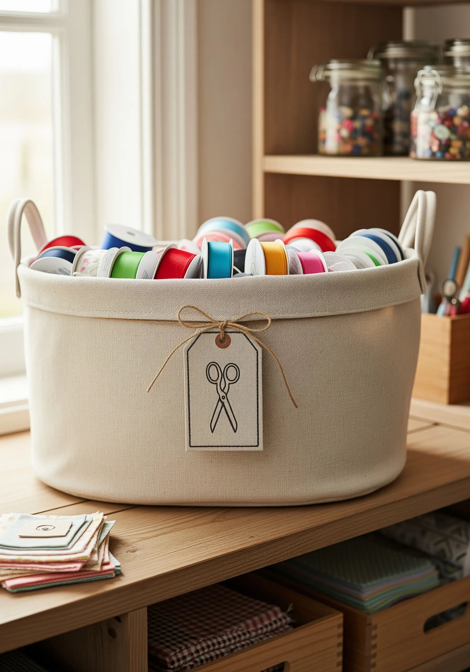 A canvas tag with a simple black outline of scissors, tied to a fabric craft basket.