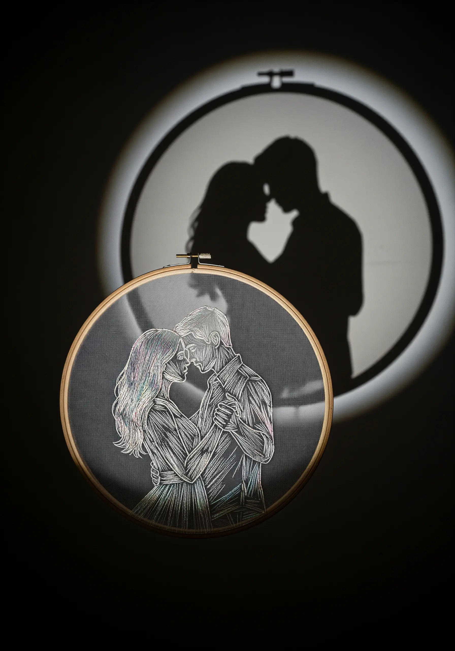 A delicate portrait of a dancing couple stitched in white thread on black tulle, casting a shadow.