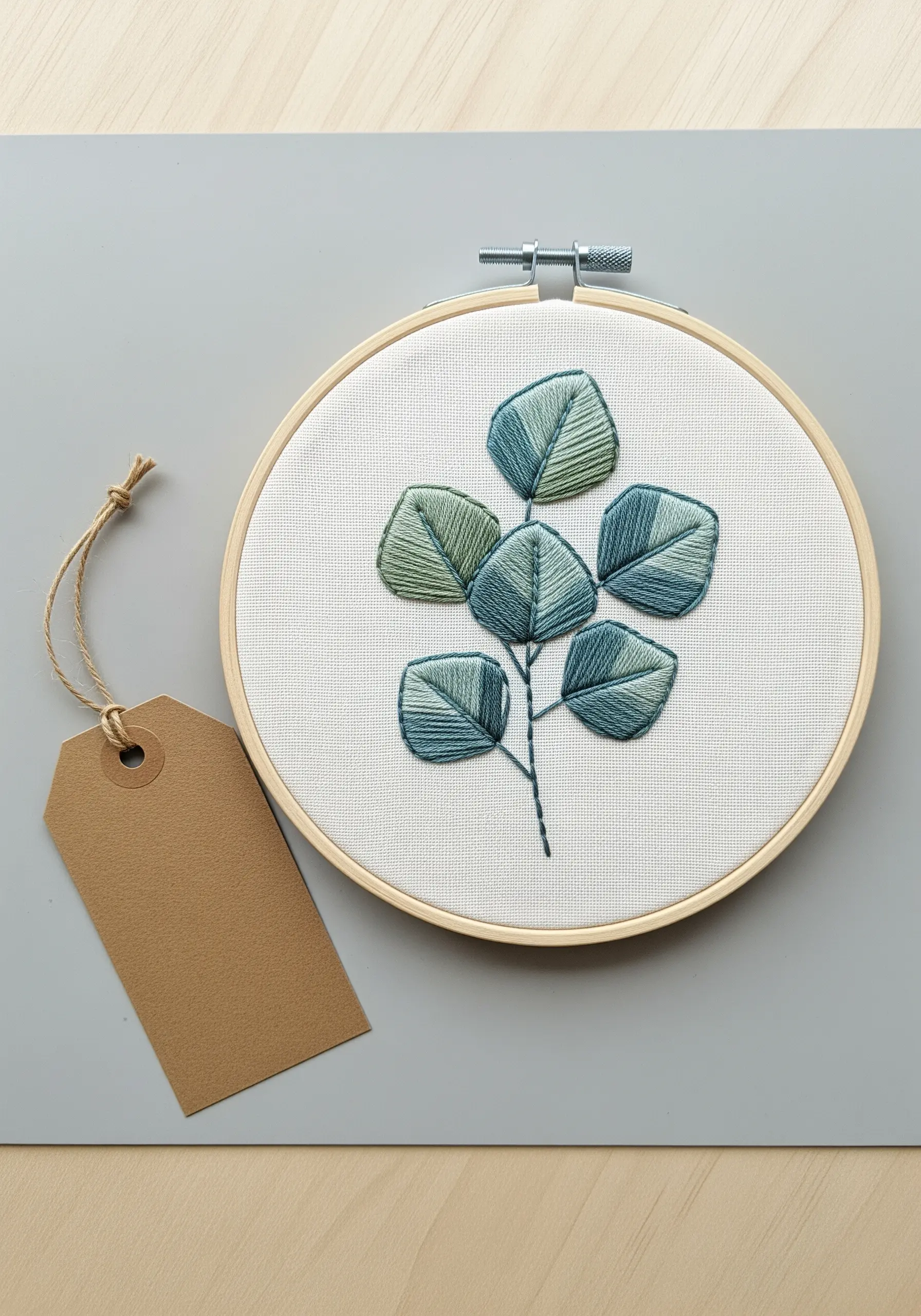 Embroidered eucalyptus branch with blended green shades using long-and-short stitch.