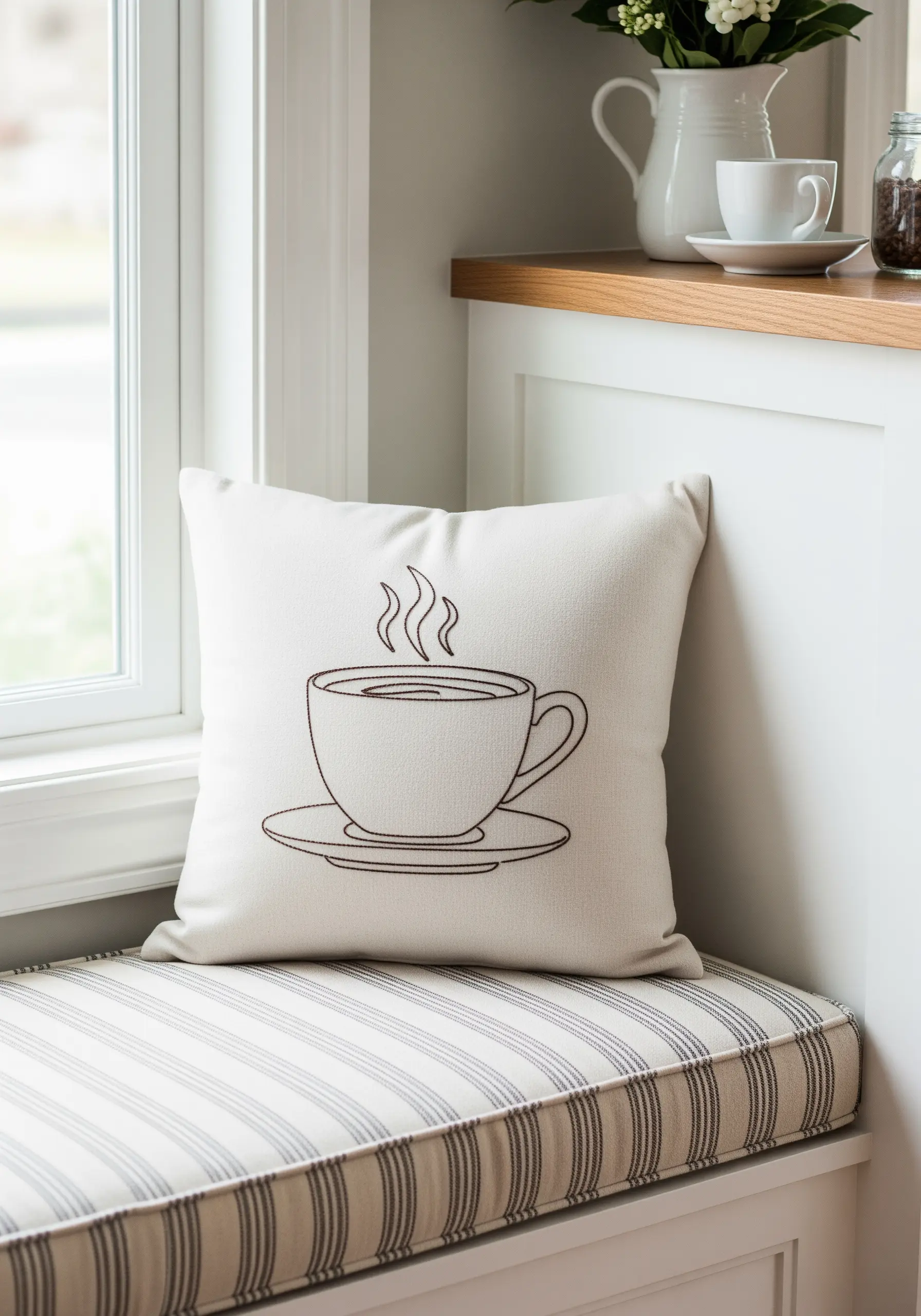 A simple outline of a steaming coffee cup stitched in brown thread on an off-white cushion.