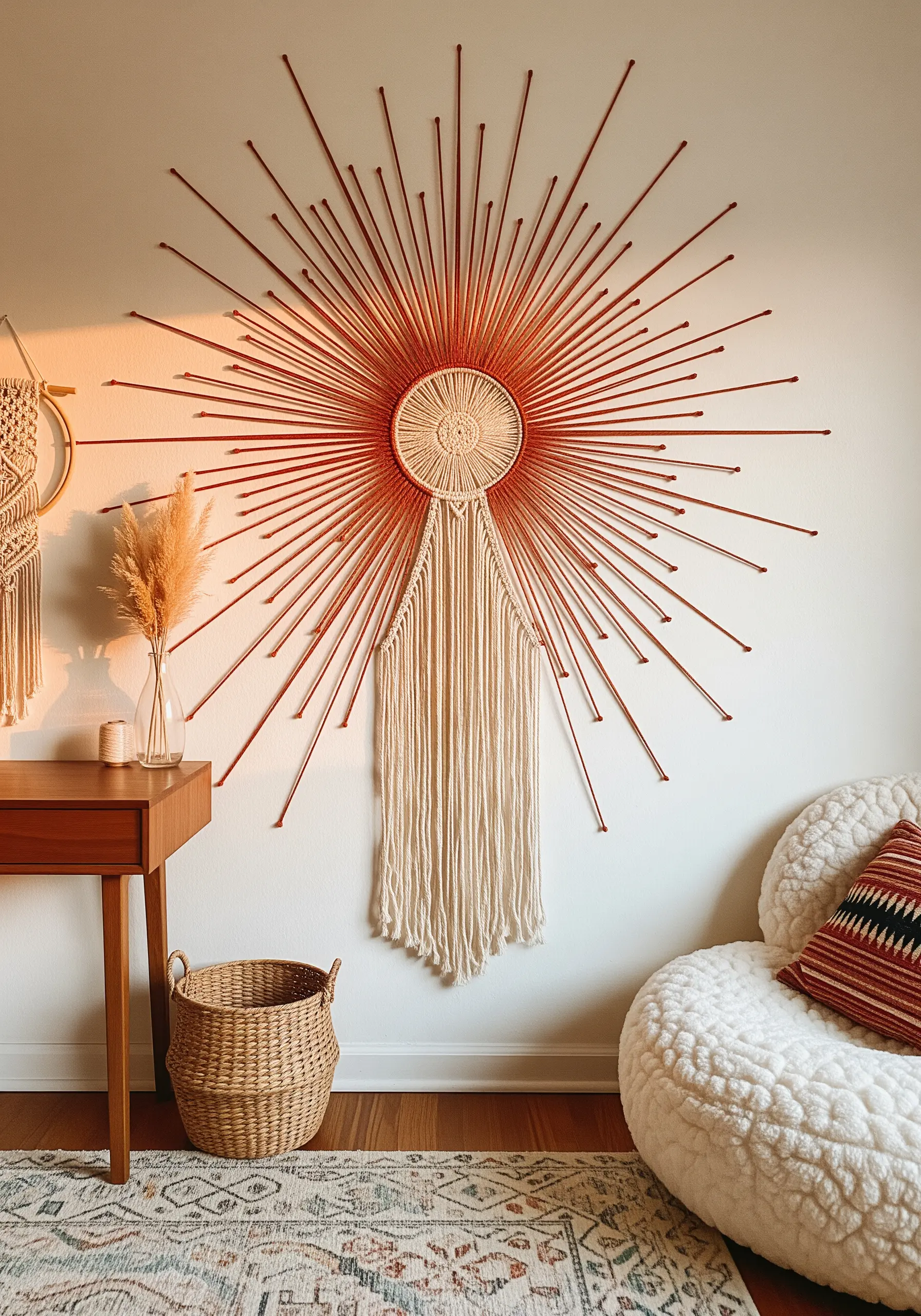 Large macrame and string art sunburst in orange and cream