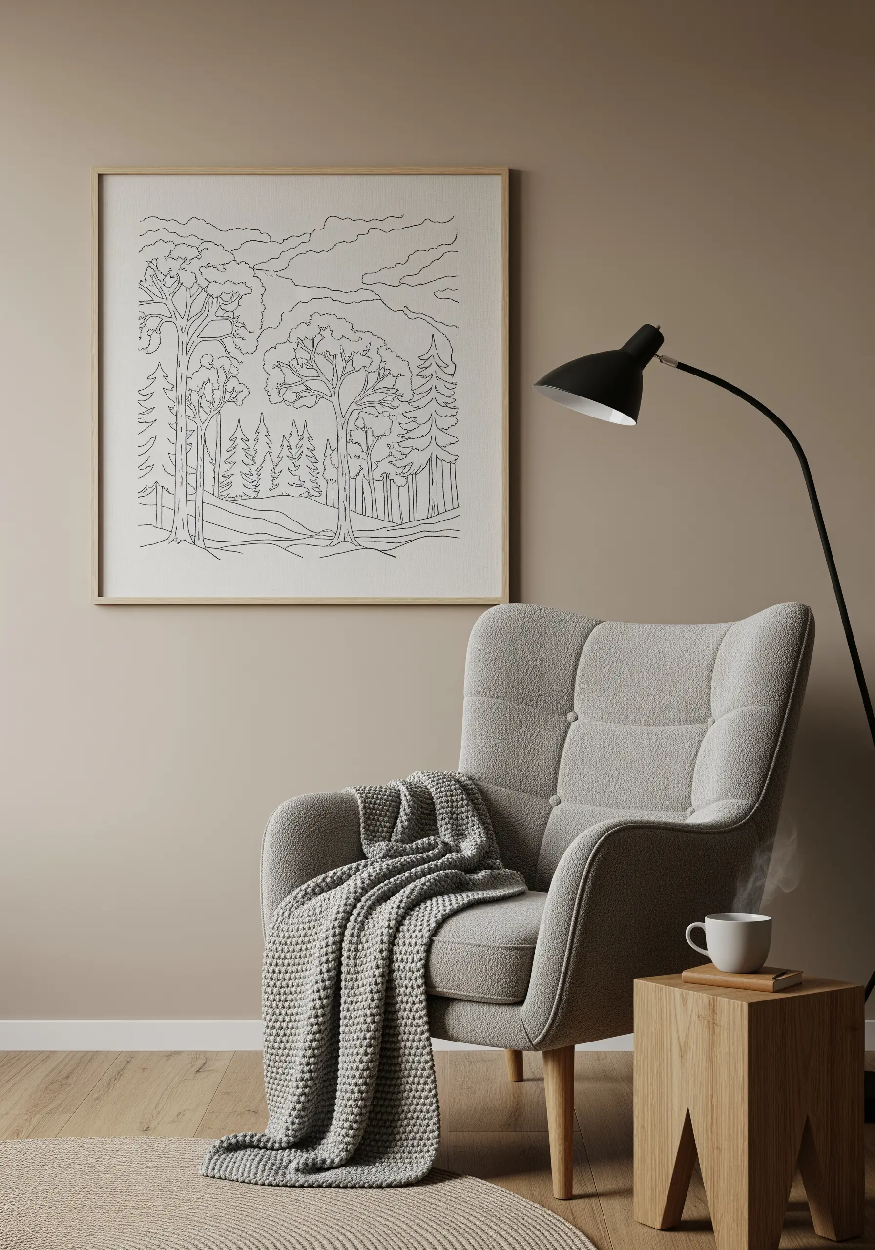 Minimalist line art embroidery of a forest scene in black thread on a light neutral fabric.