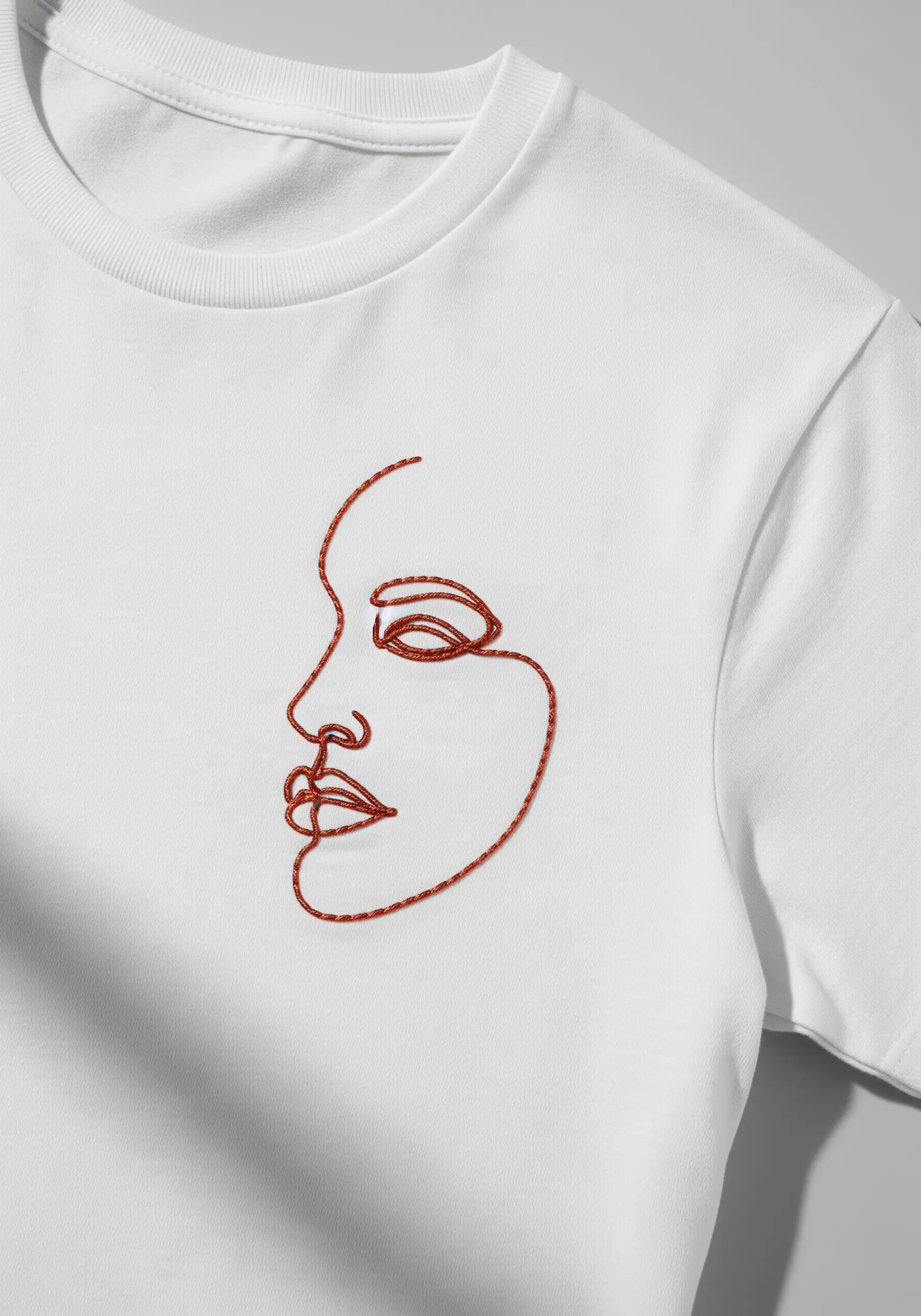 A single-line abstract face portrait embroidered in red on a white t-shirt.