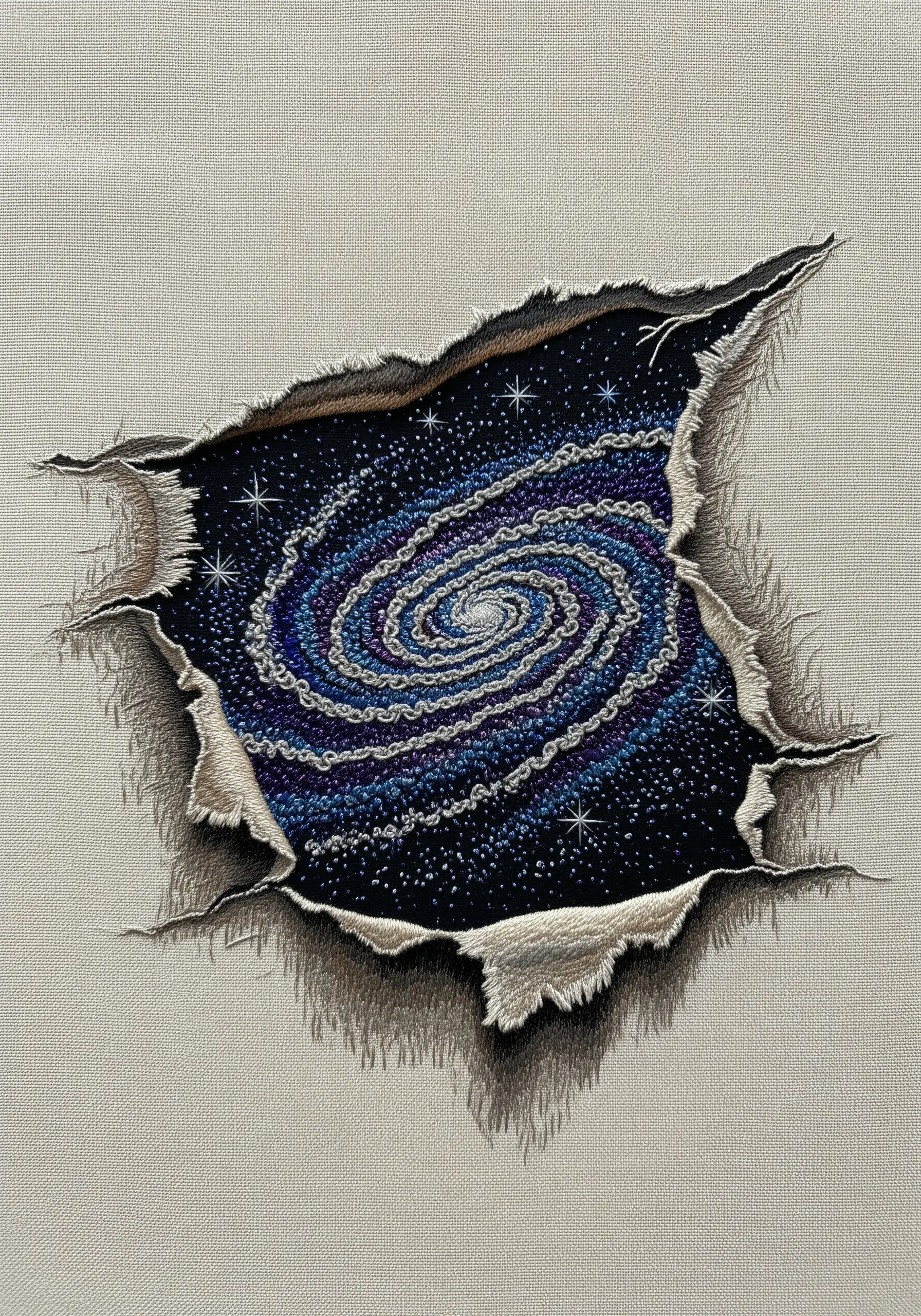 Embroidered illusion of torn fabric revealing a sparkling galaxy of French knots.