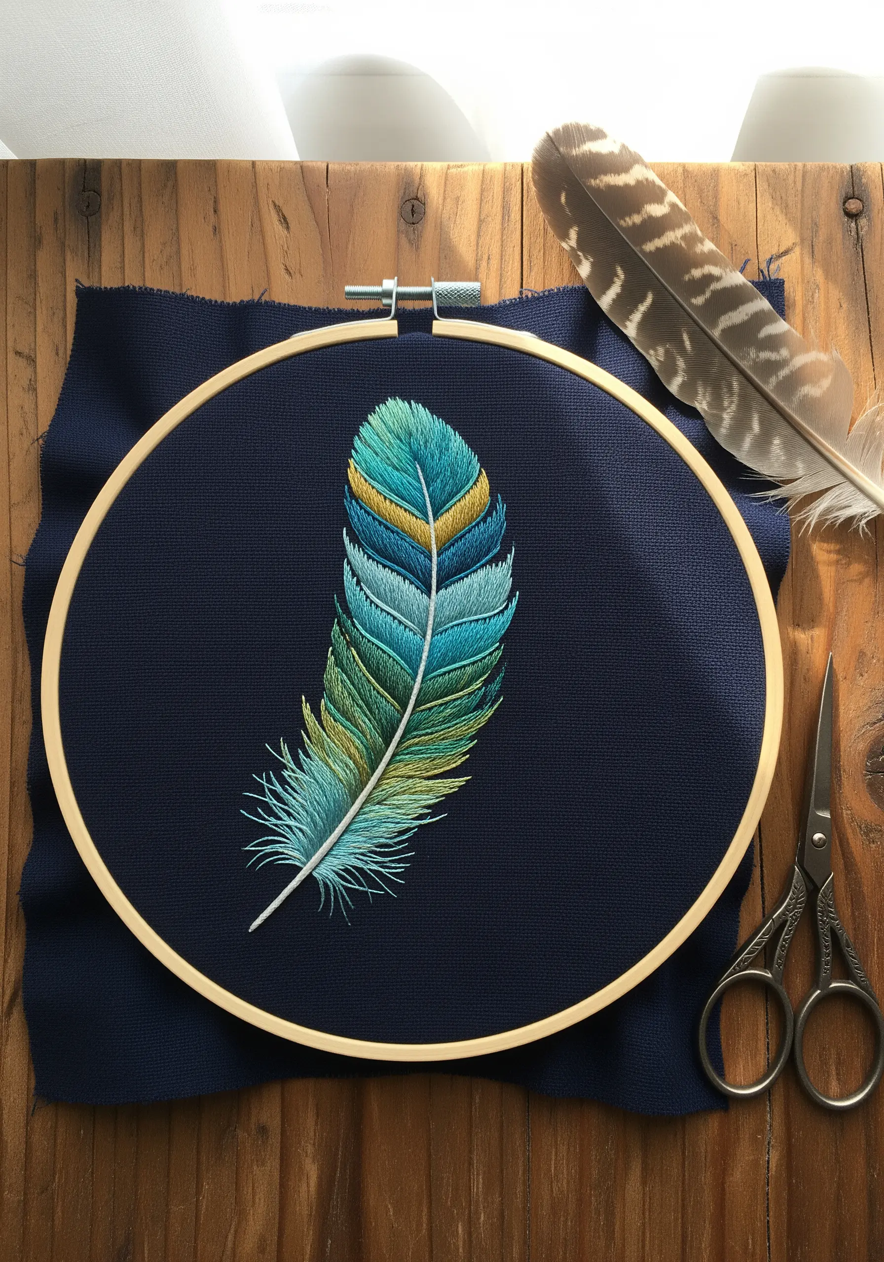 Detailed thread painting of a single feather with blue, green, and yellow gradients on dark fabric.