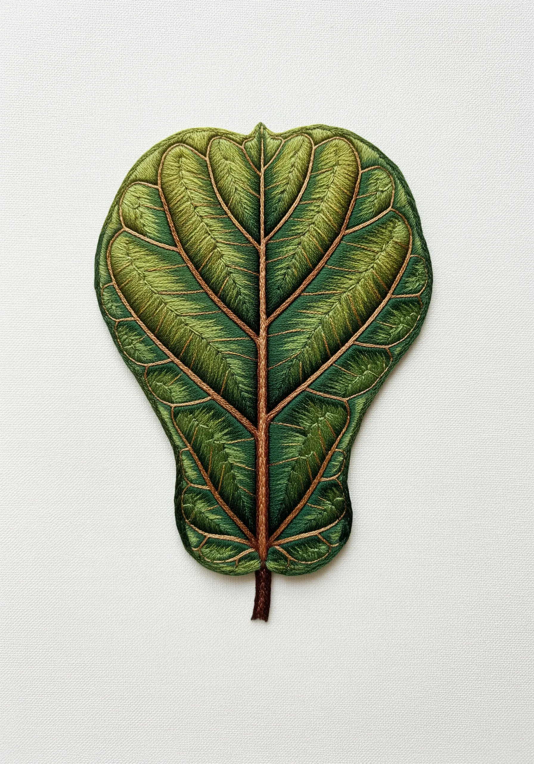 Embroidery of a Fiddle Leaf Fig leaf with realistic brown veins and green satin stitch.