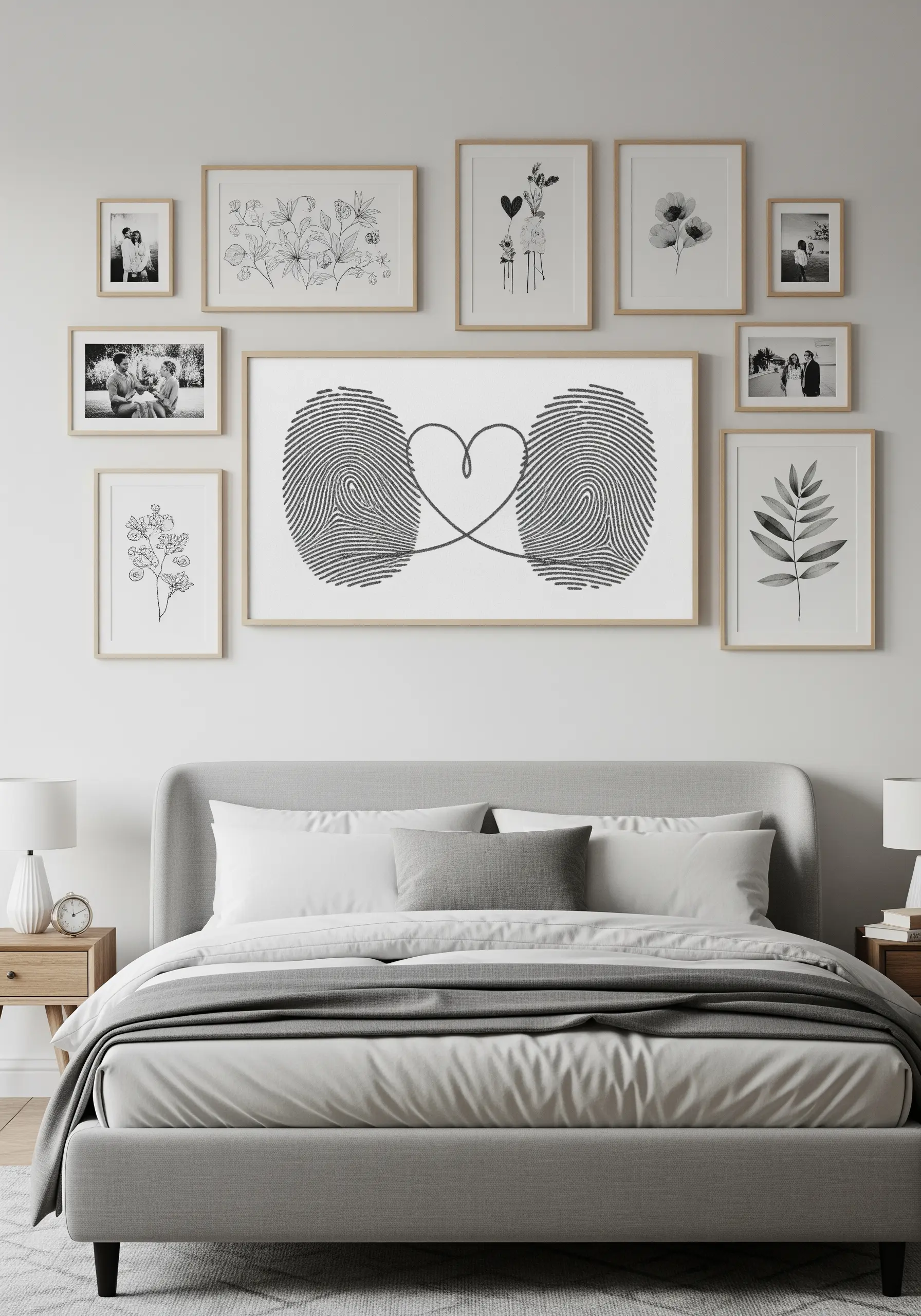 A framed design of two thumbprints whose loops form a heart shape in the middle.