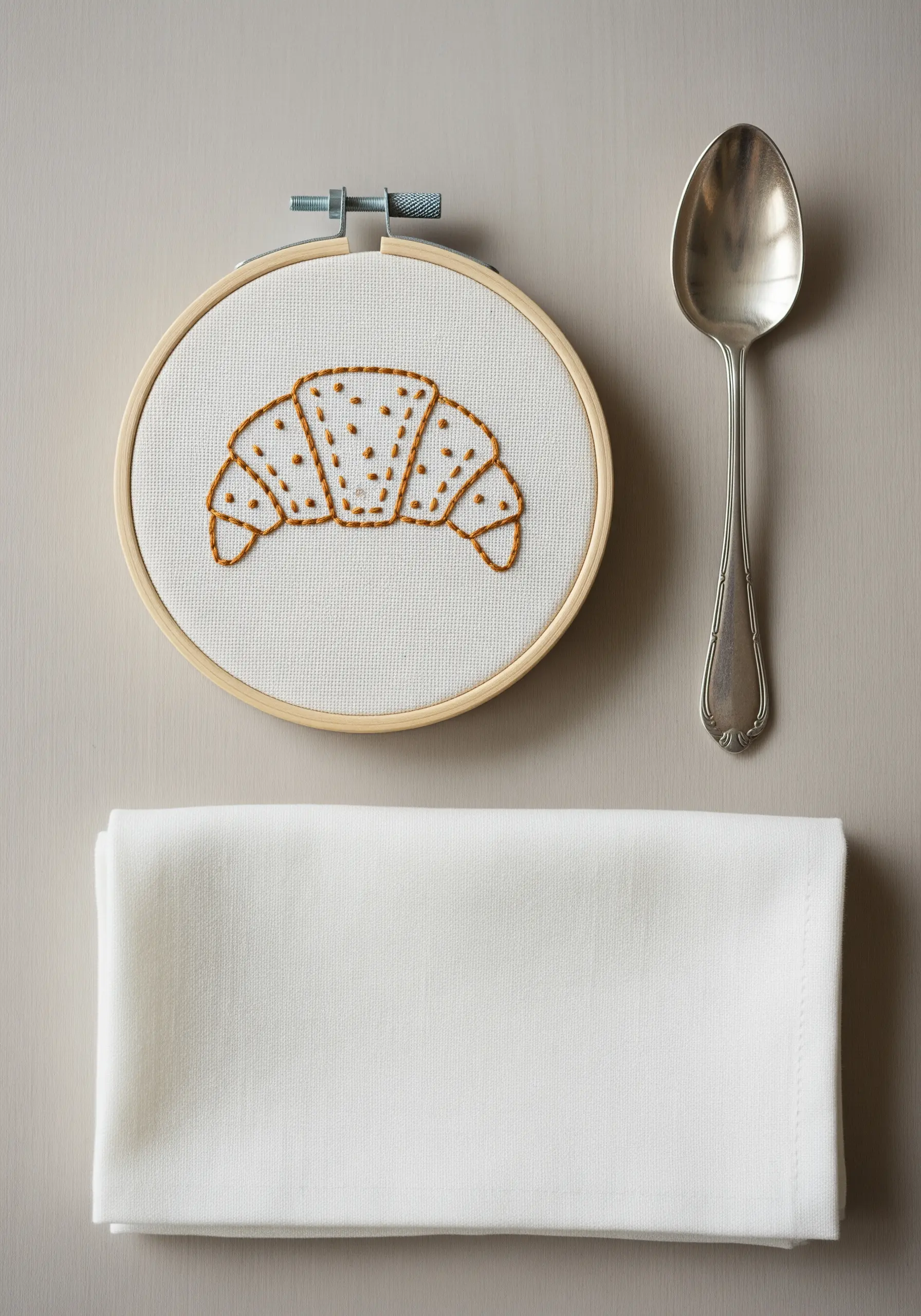 Embroidered croissant with seed stitch texture and French knot details.